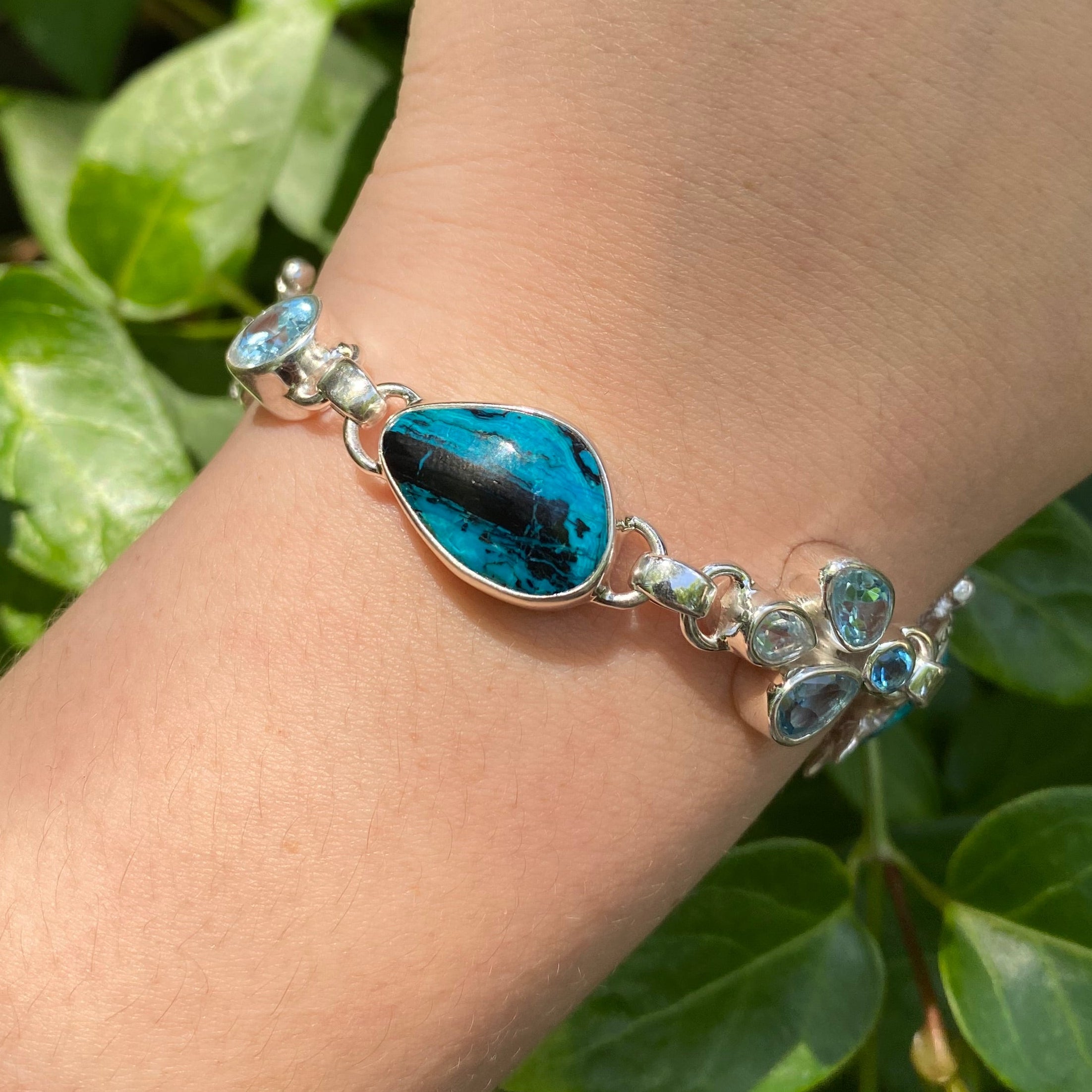 Starborn Shattuckite & Blue Topaz Sea Turtle Bracelet in Sterling Silver