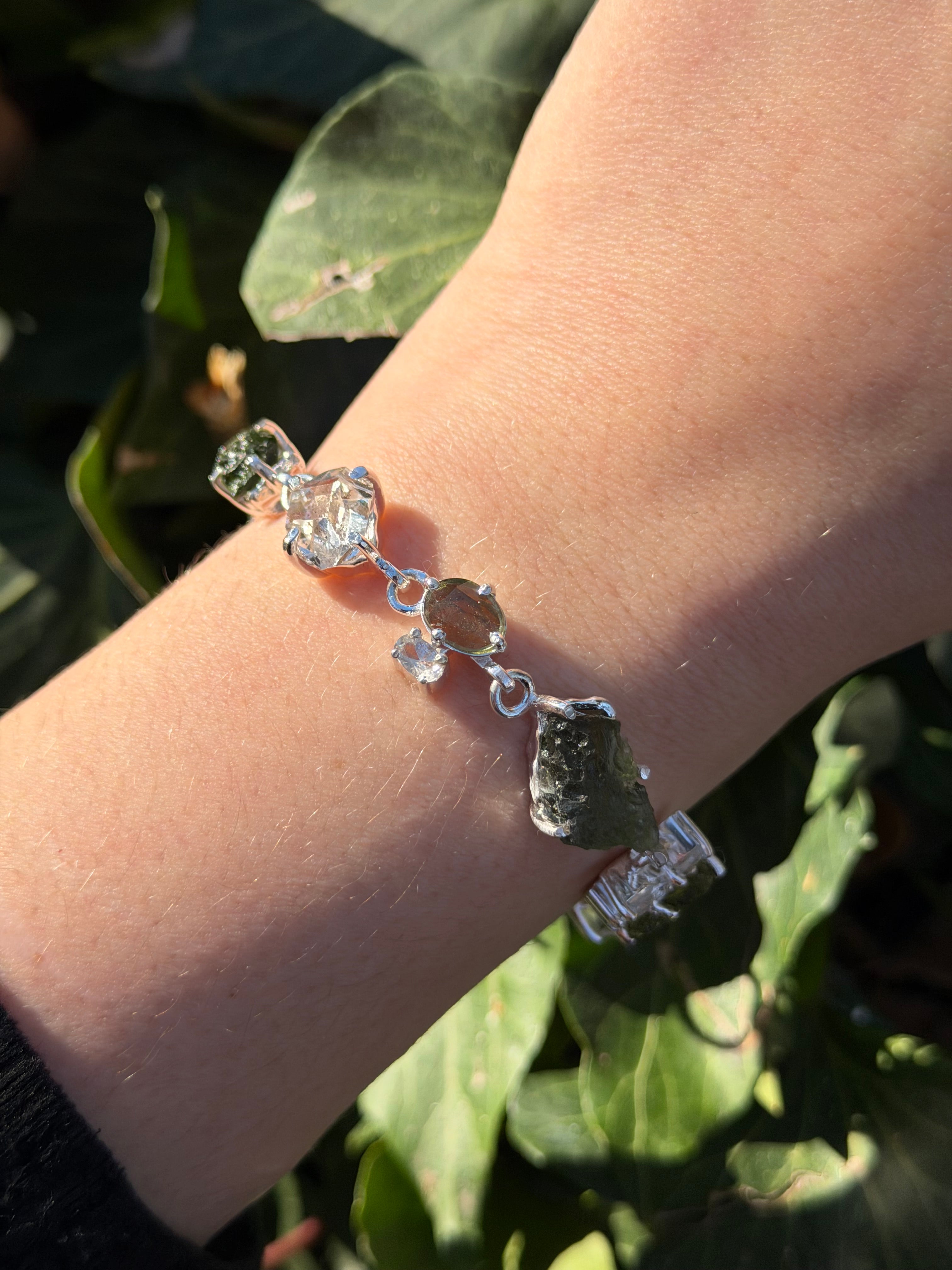 Starborn Moldavite & Herkimer Diamond Bracelet in Sterling Silver