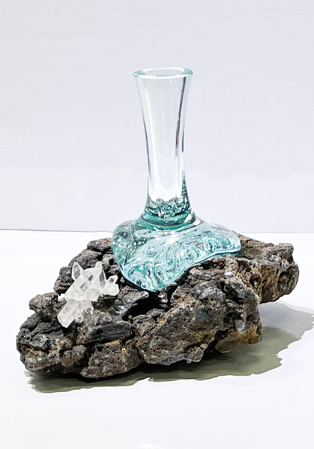 Starborn Handblown Molten Glass Vase on Black Quartzite with Quartz Crystal Inlay