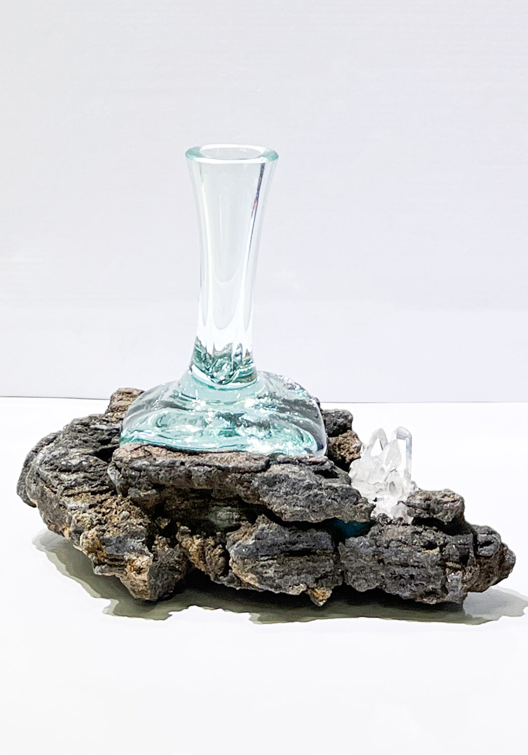 Starborn Handblown Molten Glass Vase on Black Quartzite with Quartz Crystal Inlay
