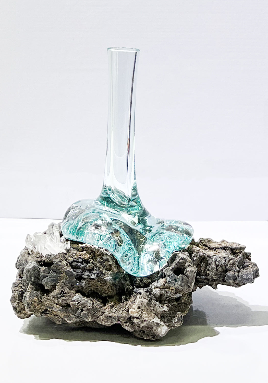 Starborn Handblown Molten Glass Vase on Black Quartzite with Quartz Crystal Inlay