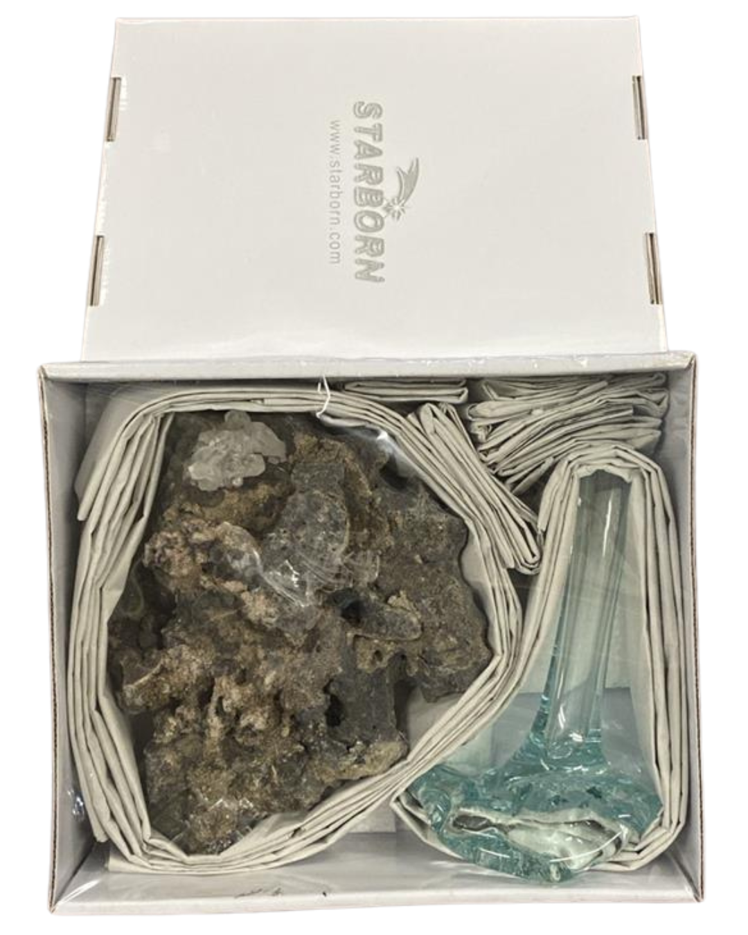 Starborn Handblown Molten Glass Vase on Black Quartzite with Quartz Crystal Inlay