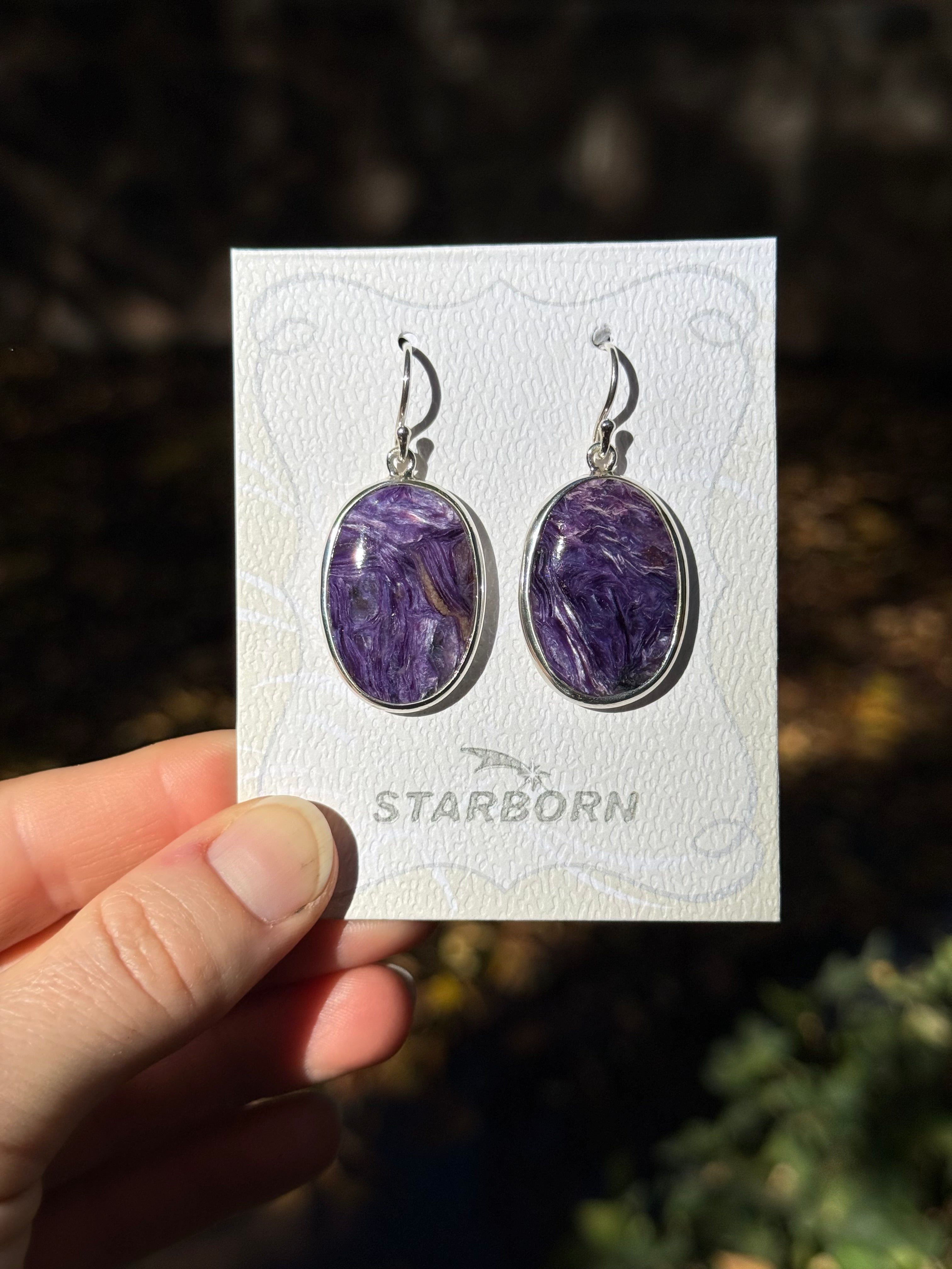 Starborn Charoite Dangle Earrings in Sterling Silver