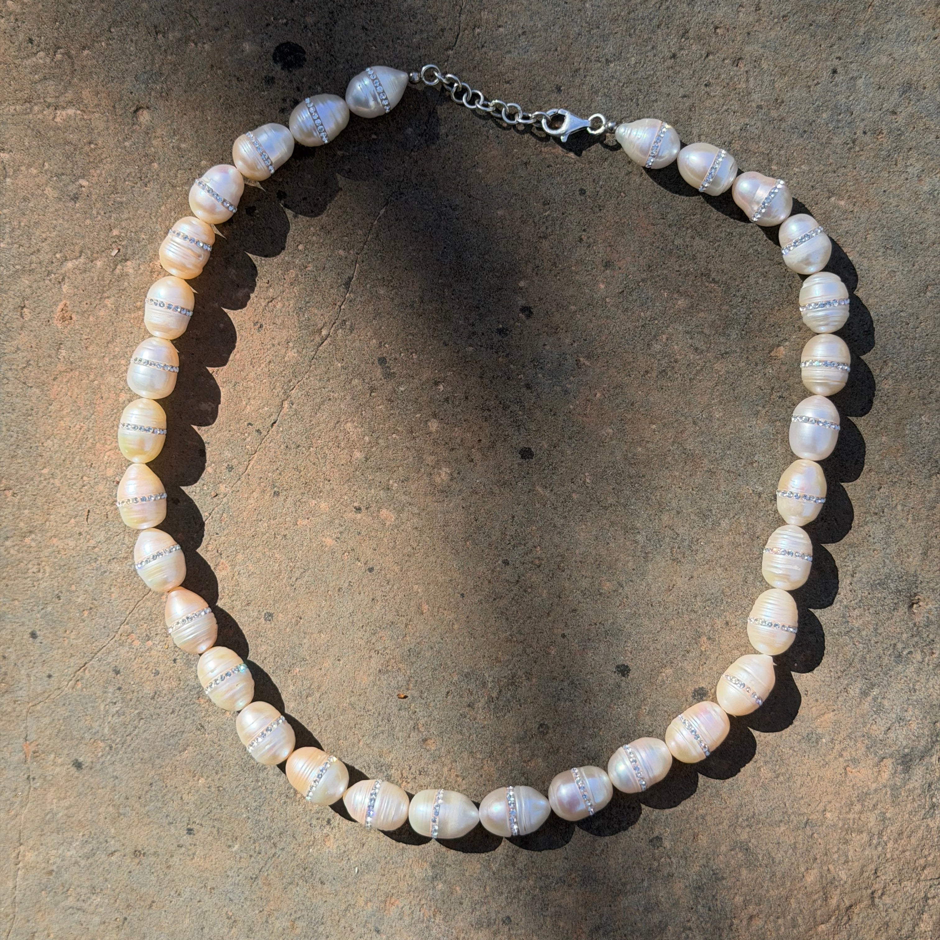 Starborn Freshwater Pearl Necklace with Swarovski Crystal Inlay in Sterling Silver