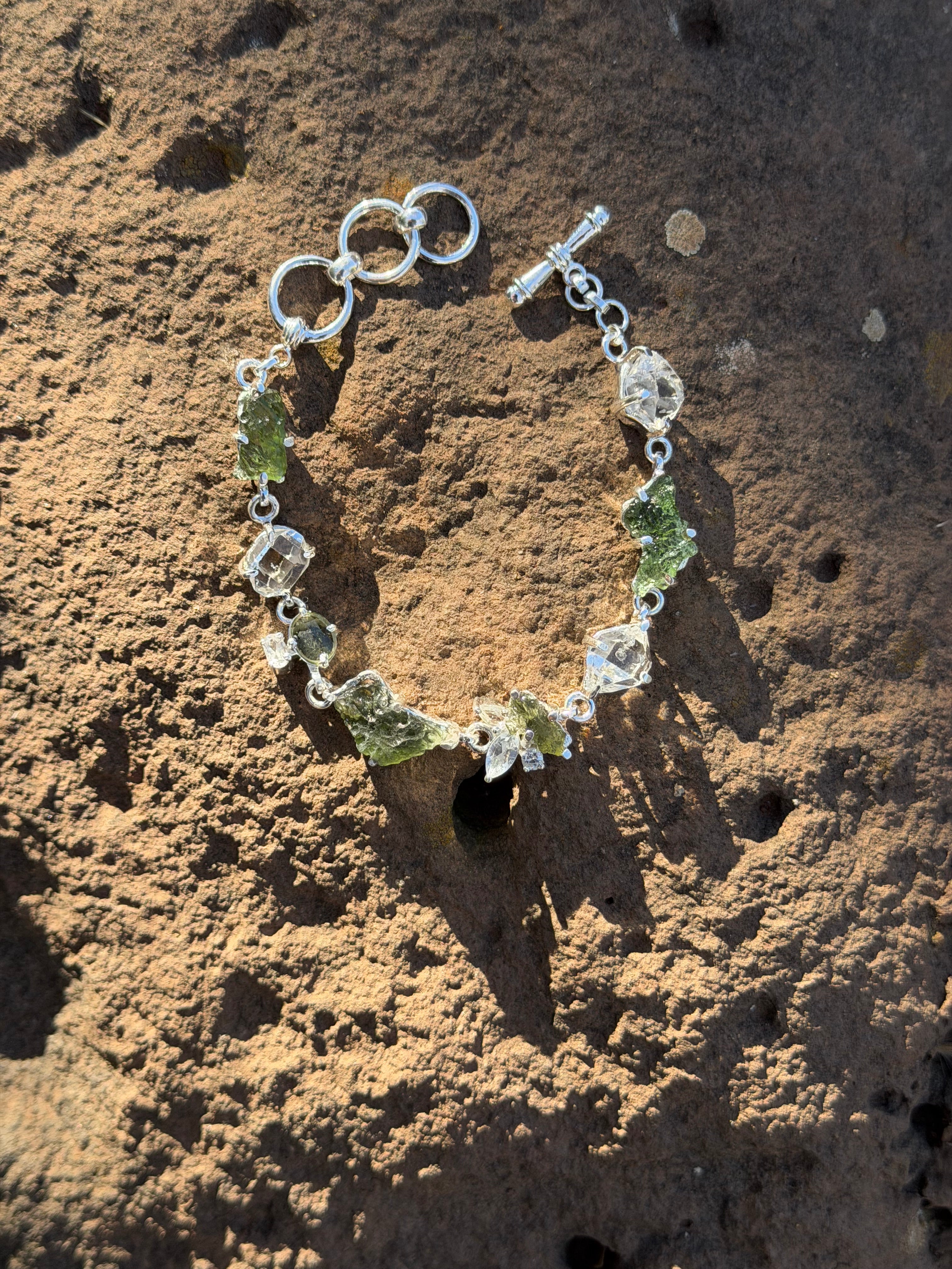 Starborn Moldavite & Herkimer Diamond Bracelet in Sterling Silver