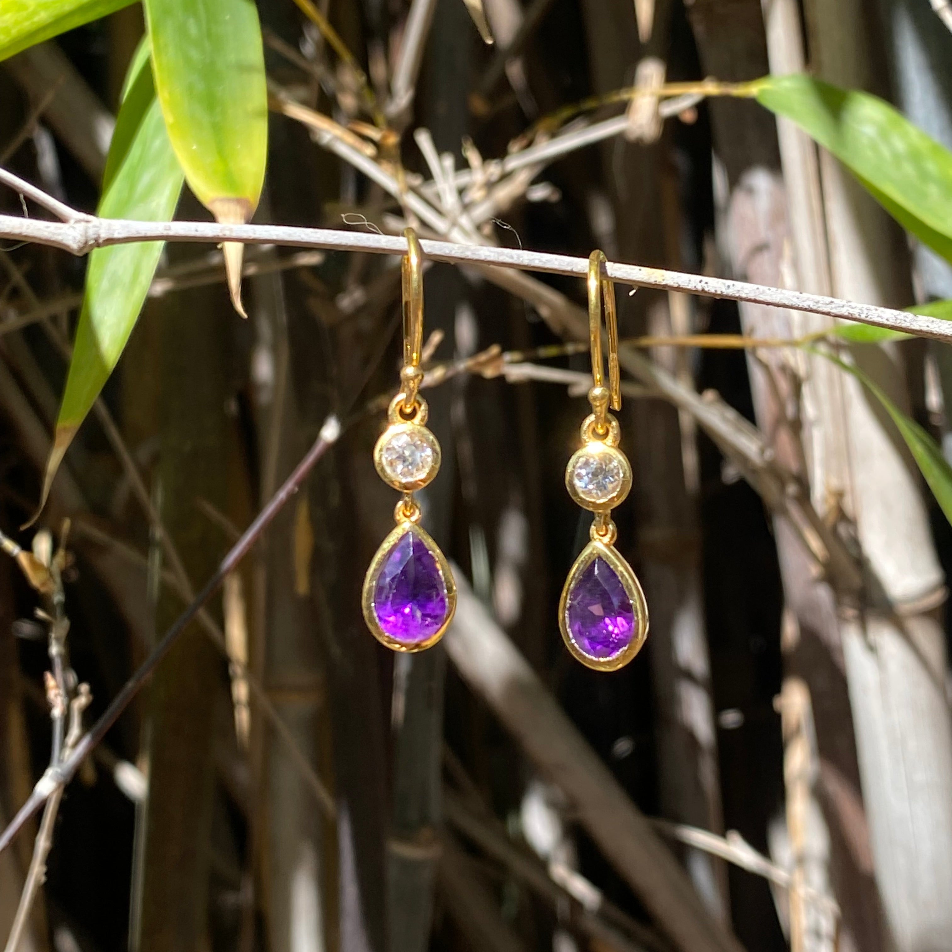 Starborn Faceted Amethyst and White Topaz Dangle Earrings in Gold Micron