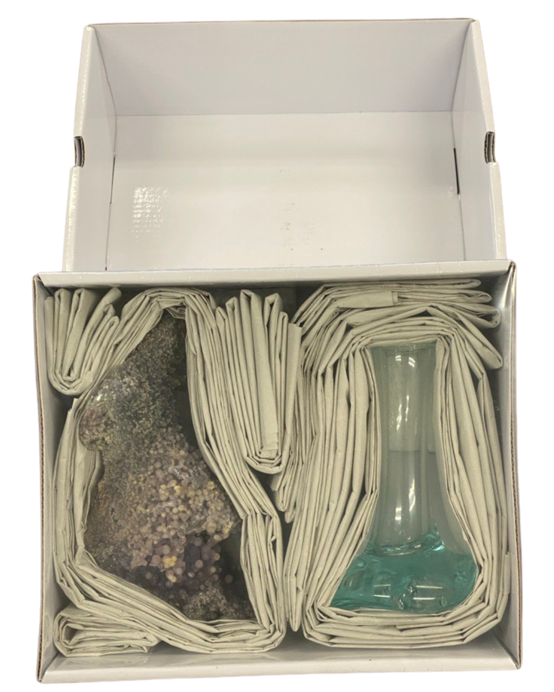 Starborn Handblown Molten Glass Vase Display on Grape Chalcedony