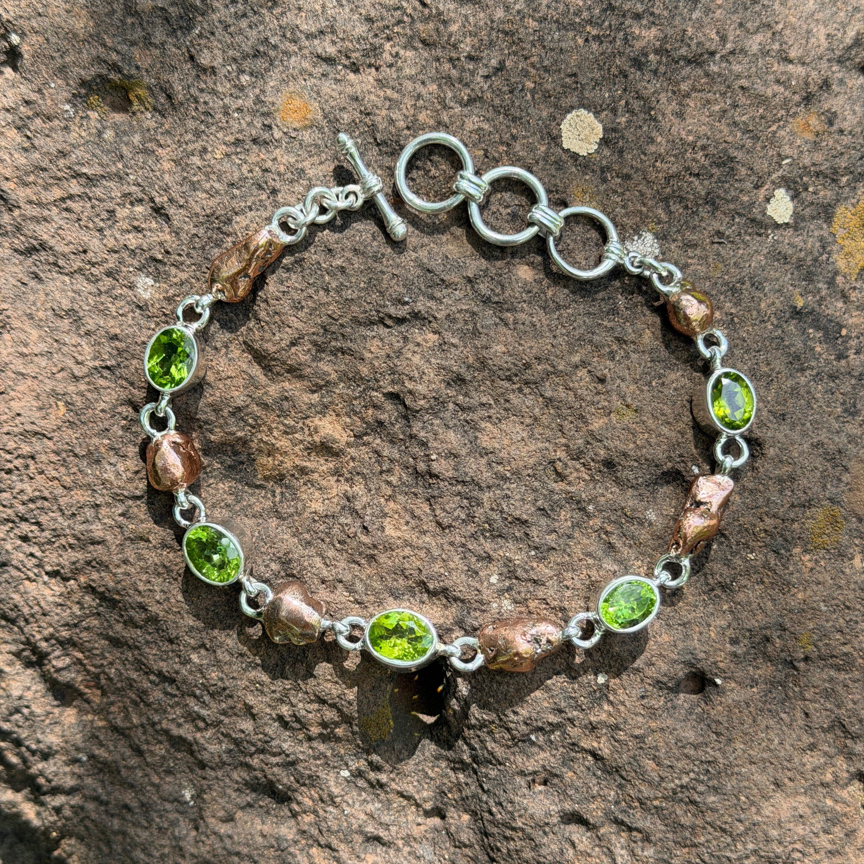 Starborn Peridot + Copper Nugget Bracelet in Sterling Silver