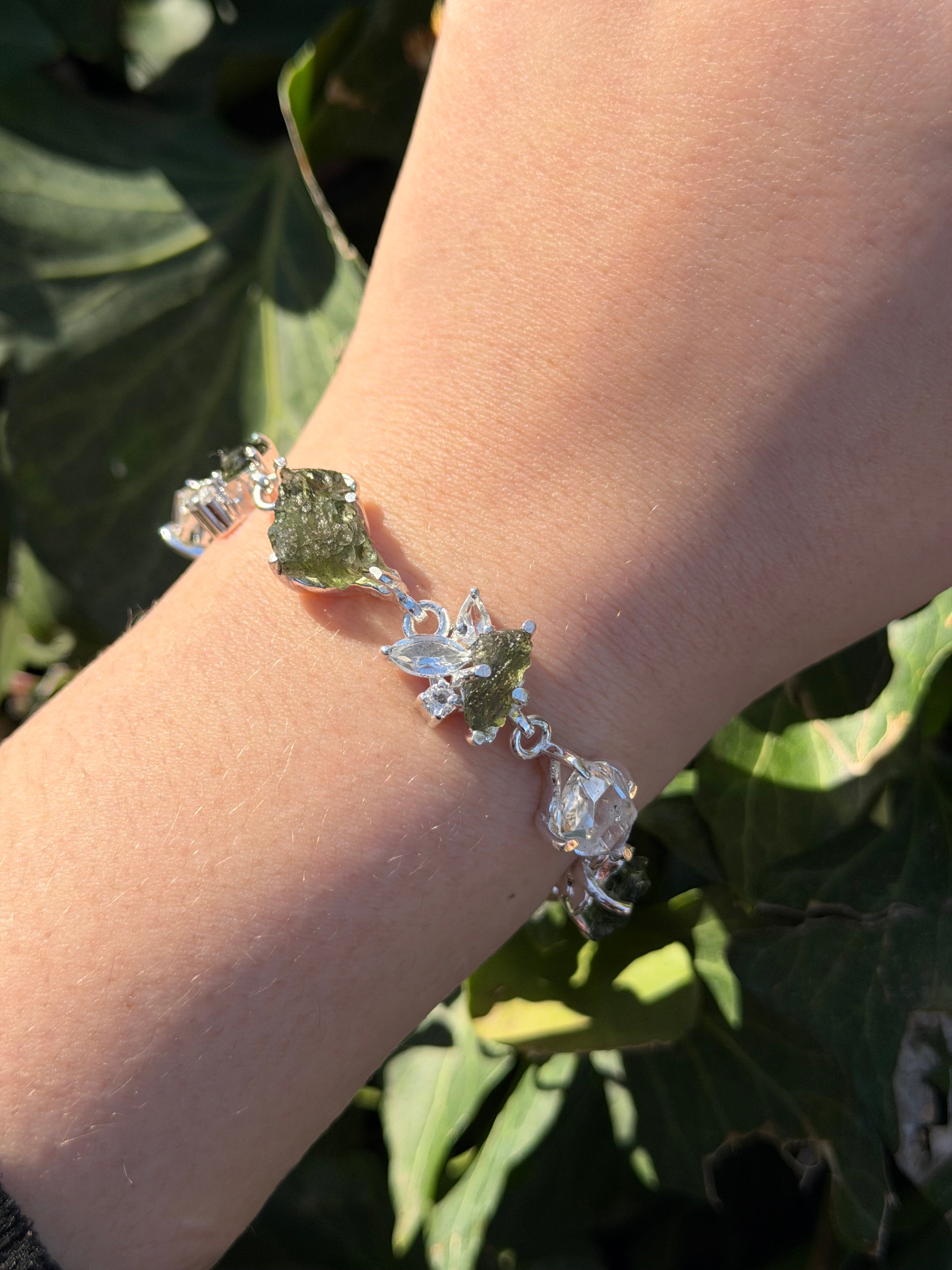 Starborn Moldavite & Herkimer Diamond Bracelet in Sterling Silver