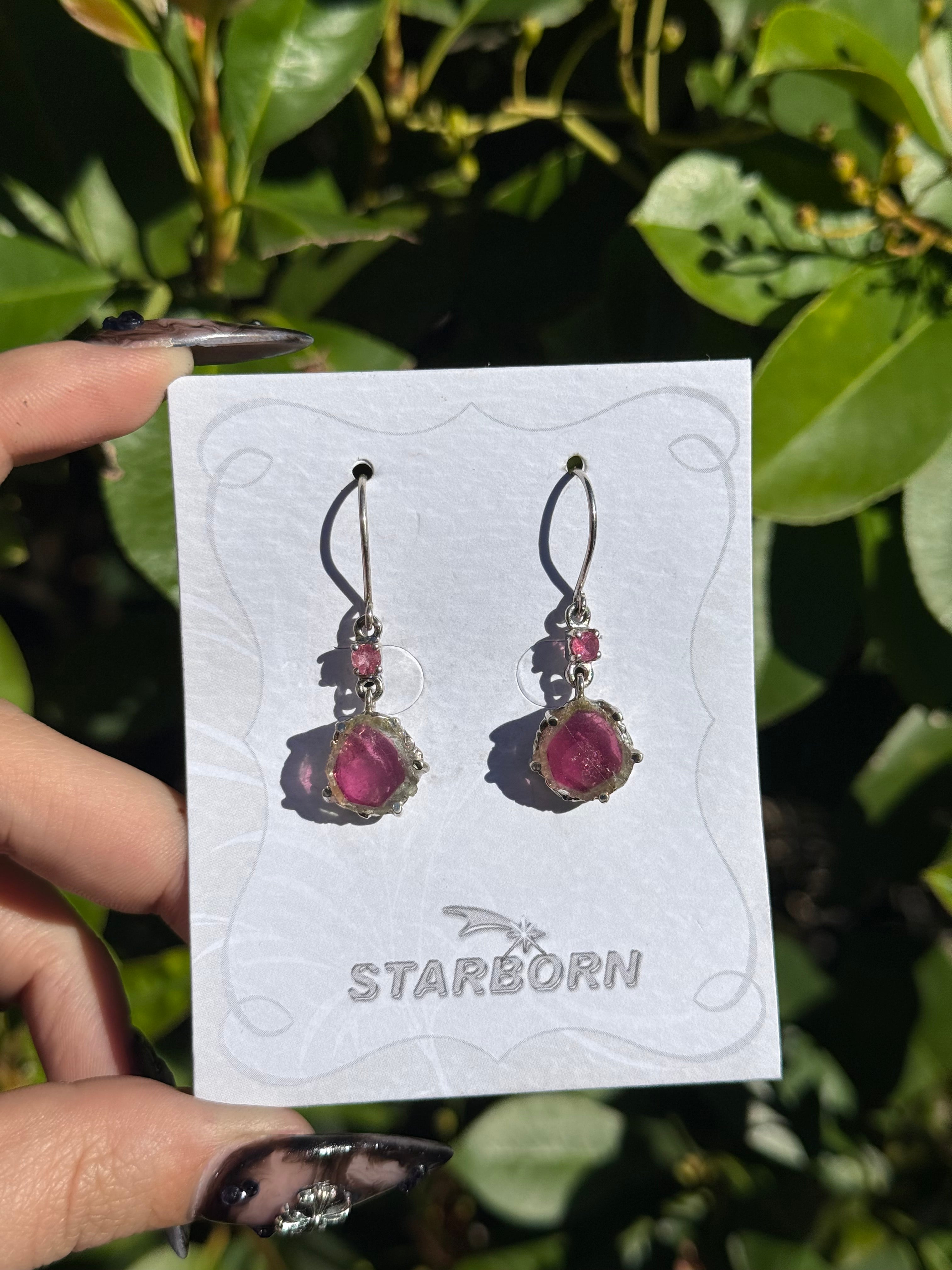Starborn Watermelon Tourmaline Slice Dangle Earrings in Sterling Silver