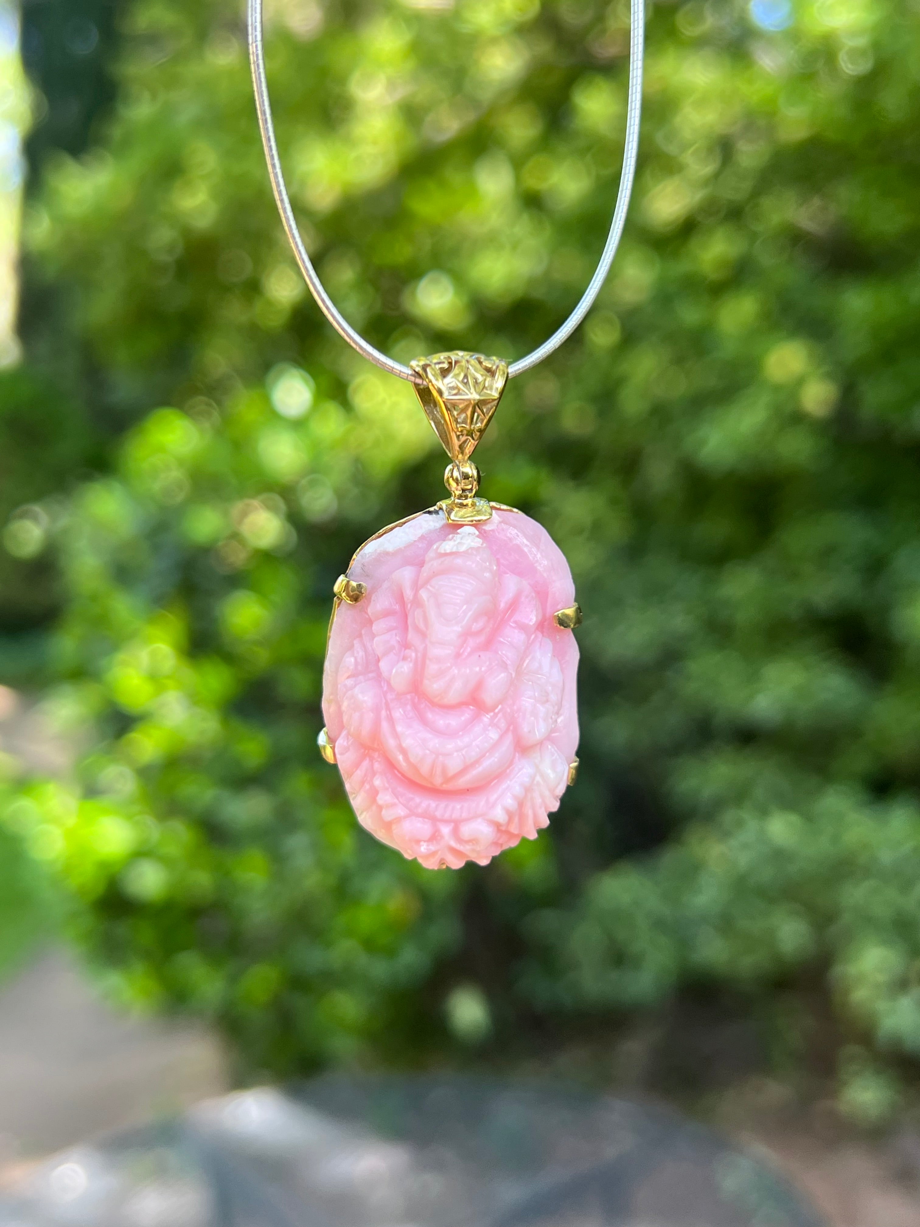 Starborn Pink Opal Ganesha Pendant in Nordic Gold