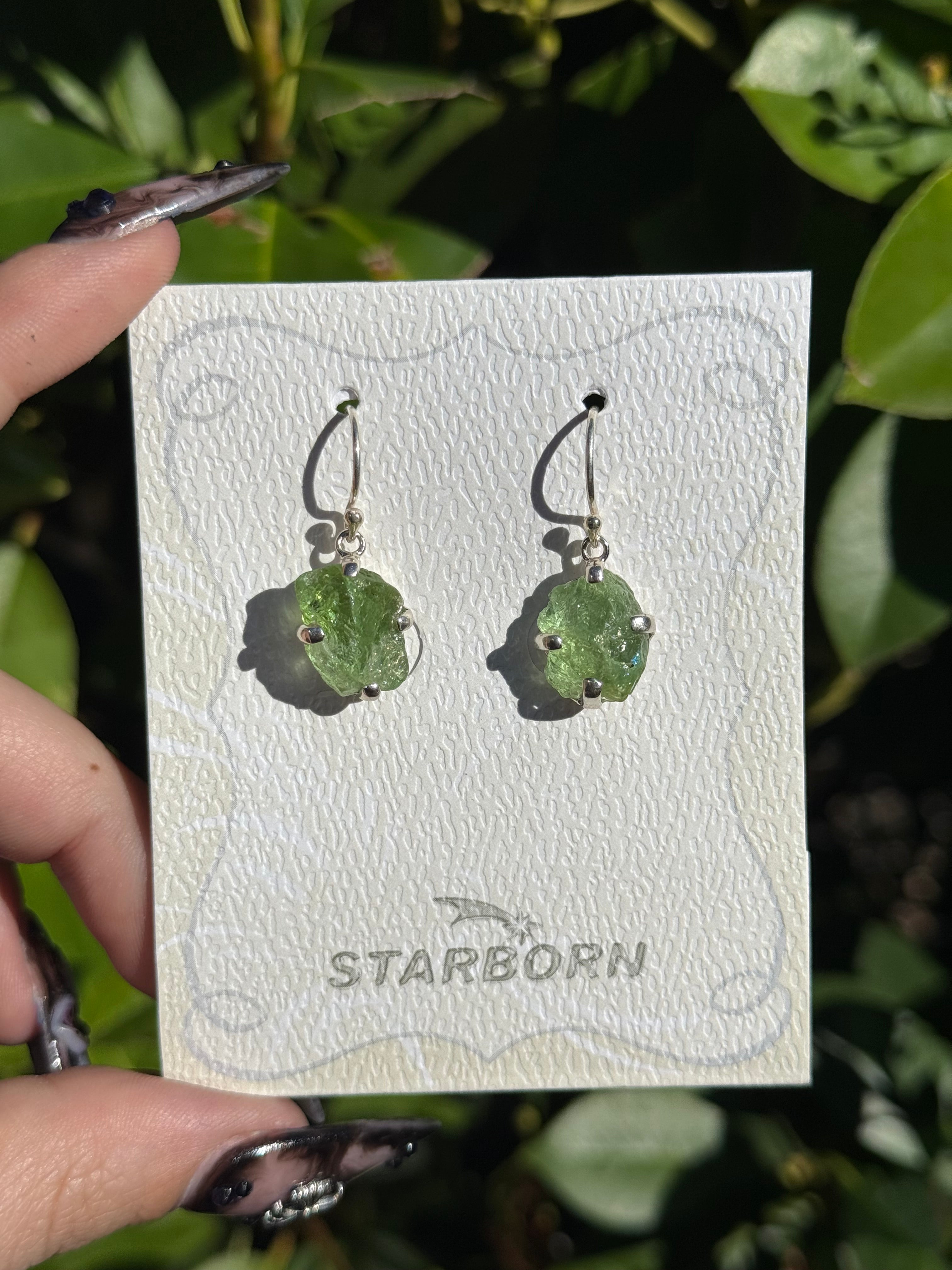 Starborn Green Tourmaline Crystal Dangle Earrings in Sterling Silver
