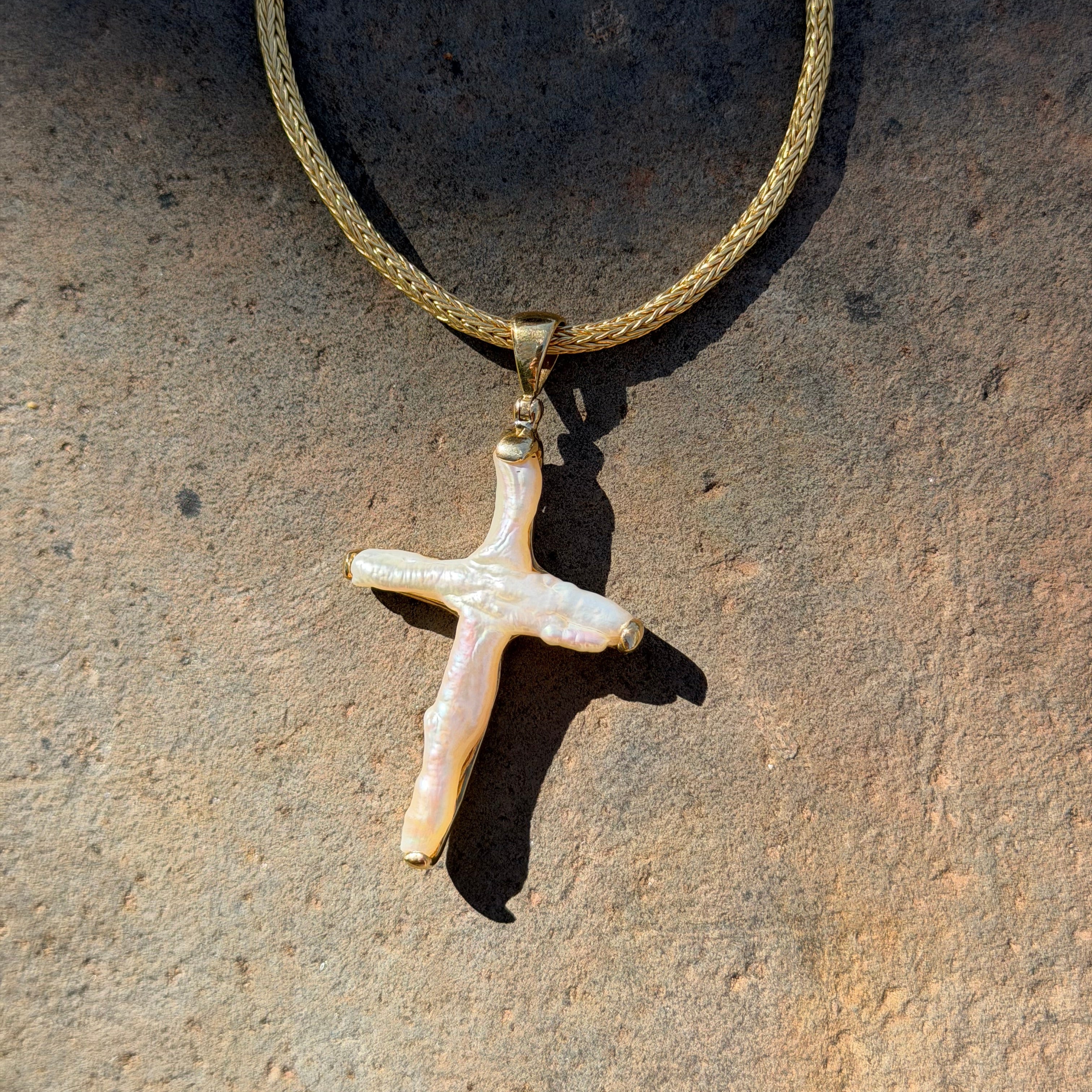 Starborn Cross Shaped Pearl Pendant in Nordic Gold