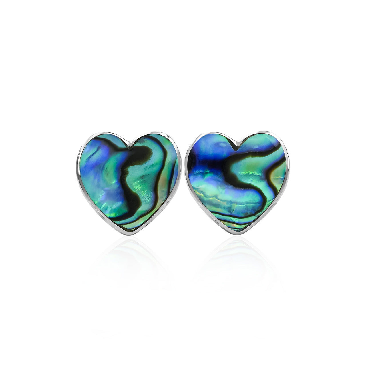 Third front‑view image of a pair of heart‑shaped Abalone Shell stud earrings with Sterling Silver posts.