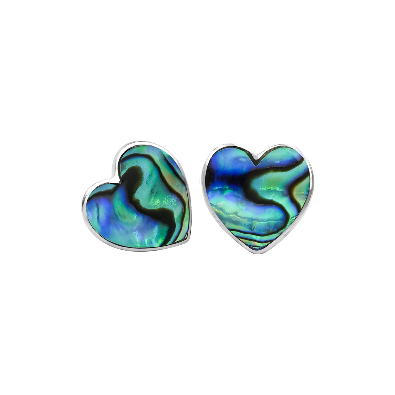 Second front‑view image of a pair of heart‑shaped Abalone Shell stud earrings with Sterling Silver posts, showcasing natural hue variations.