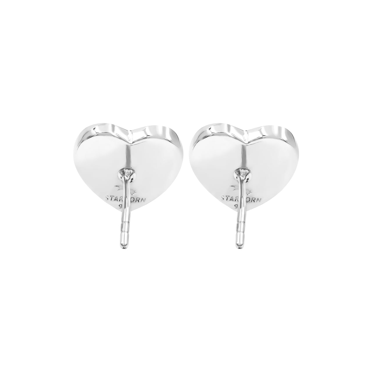 Back-side view of the heart‑shaped Abalone Shell stud earrings showing the Sterling Silver stud posts and backing structure.
