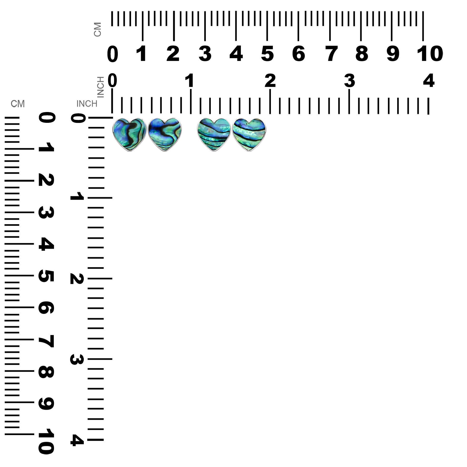 Post earrings displayed beside a measurement guide, with dimensions shown in inches and millimeters.