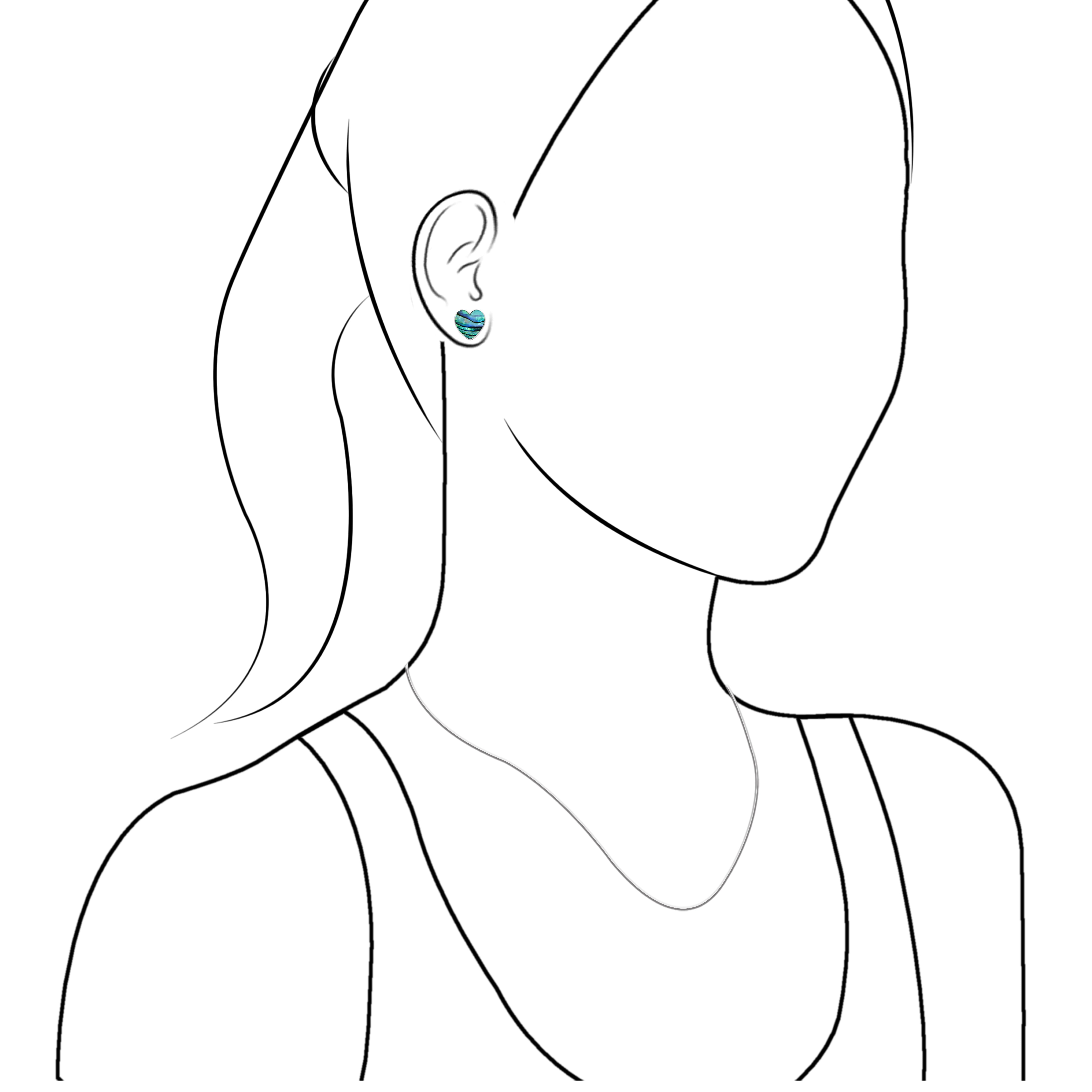 Illustration showing the heart‑shaped Abalone Shell stud earrings worn on a model for size reference.