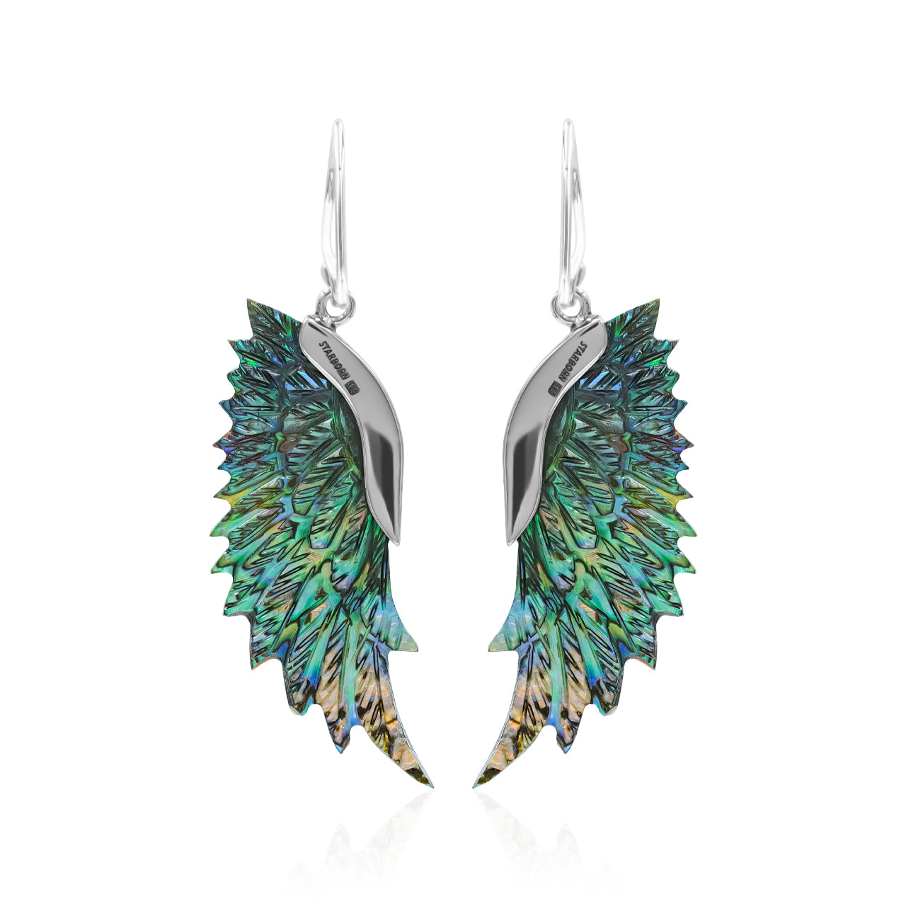 Starborn Carved Wing Abalone Shell Dangle Earrings in Fine Sterling Silver