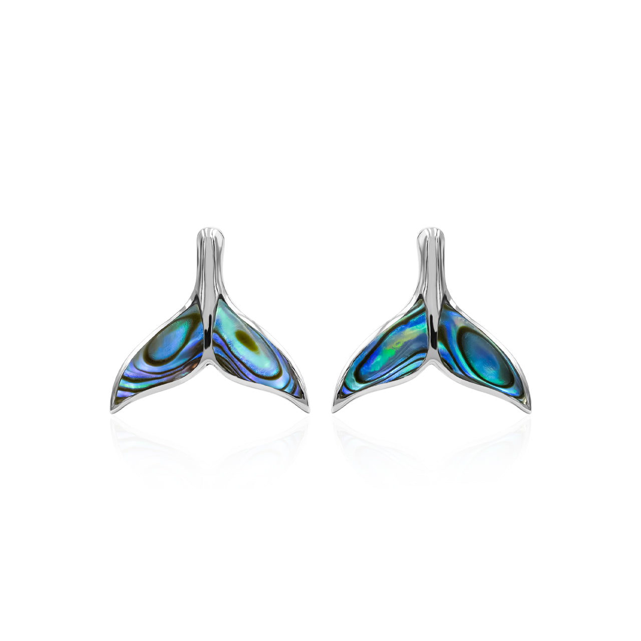 Second front‑view image of a pair of whale‑tail‑shaped Abalone Shell stud earrings with Sterling Silver posts, showcasing natural variations hue.