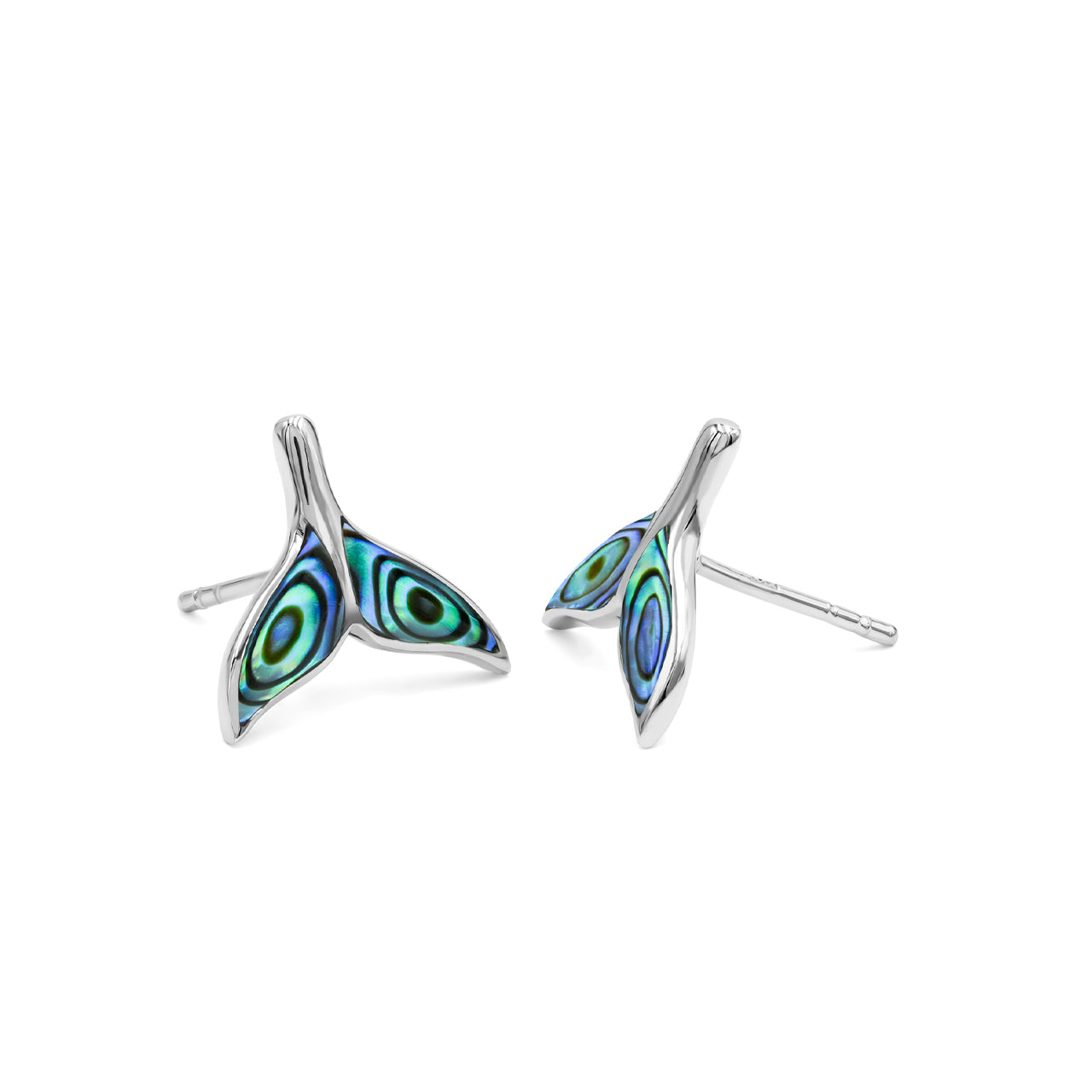 Angled side‑view image of the whale‑tail‑shaped Abalone Shell stud earrings showing the thickness of the design and the Sterling Silver posts.