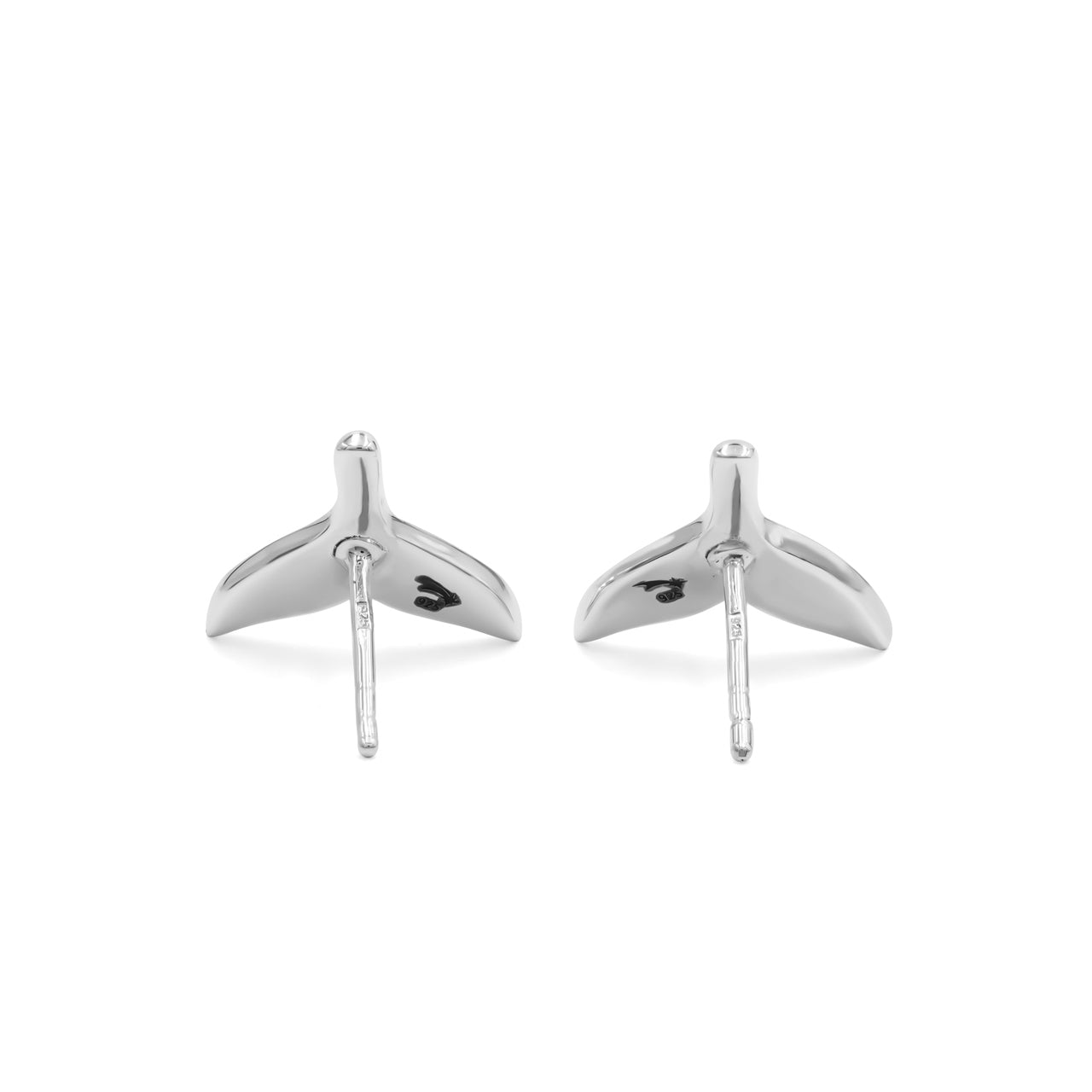Back-side view of the whale‑tail‑shaped earrings showing the smooth Sterling Silver backing and Sterling Silver stud posts.