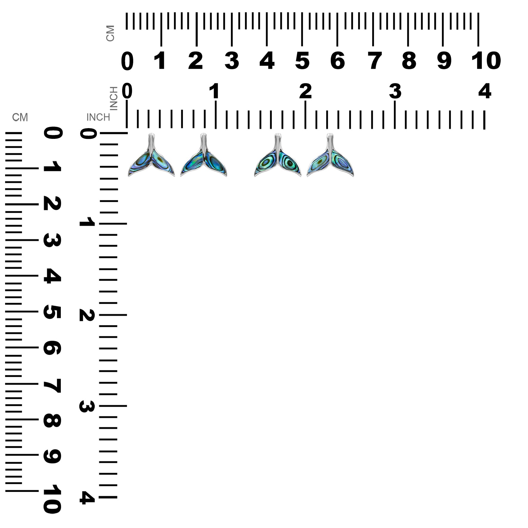 Post earrings displayed beside a measurement guide, with dimensions shown in inches and millimeters.