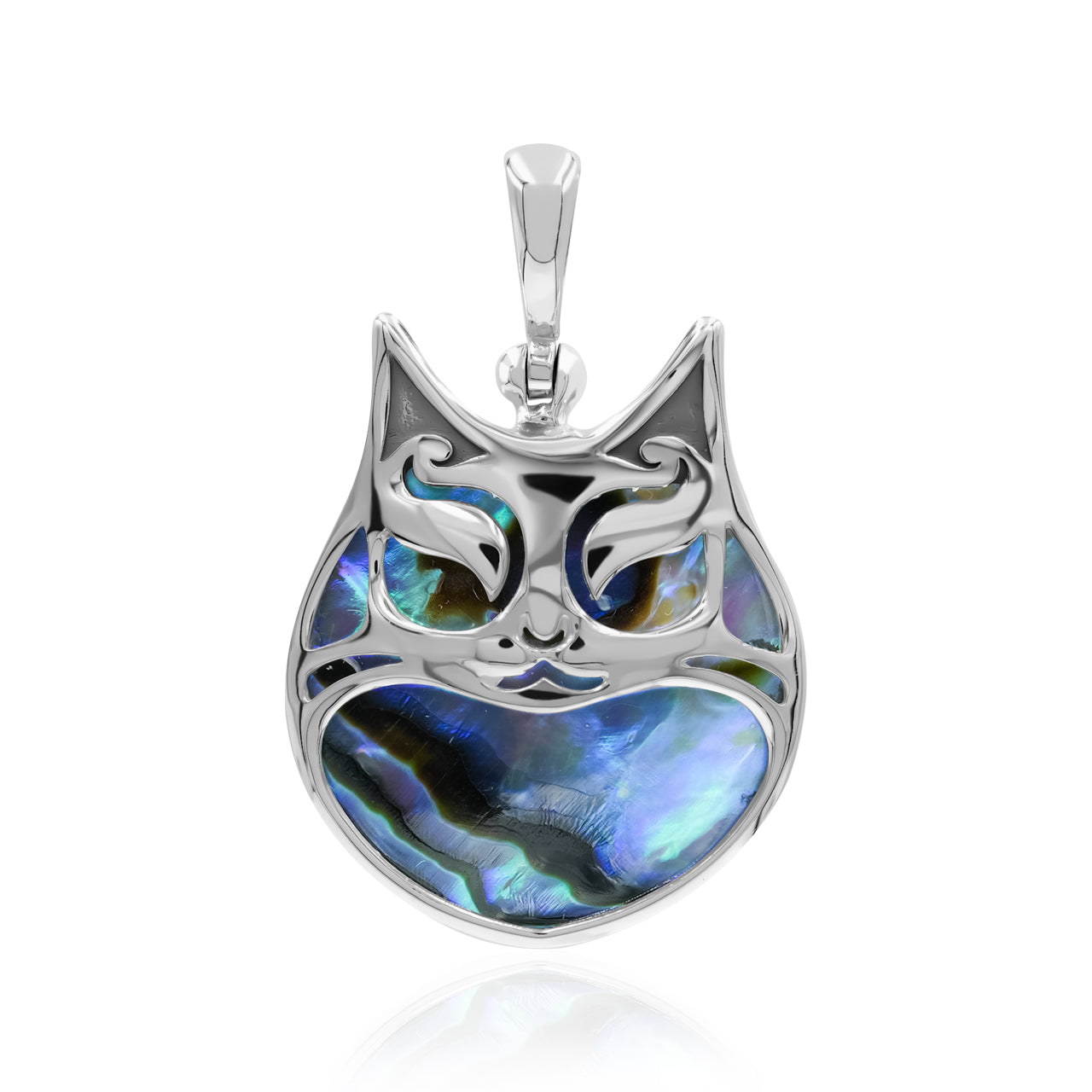 Second front‑view image of a cat‑shaped pendant with Abalone Shell inlay and a silver bail.