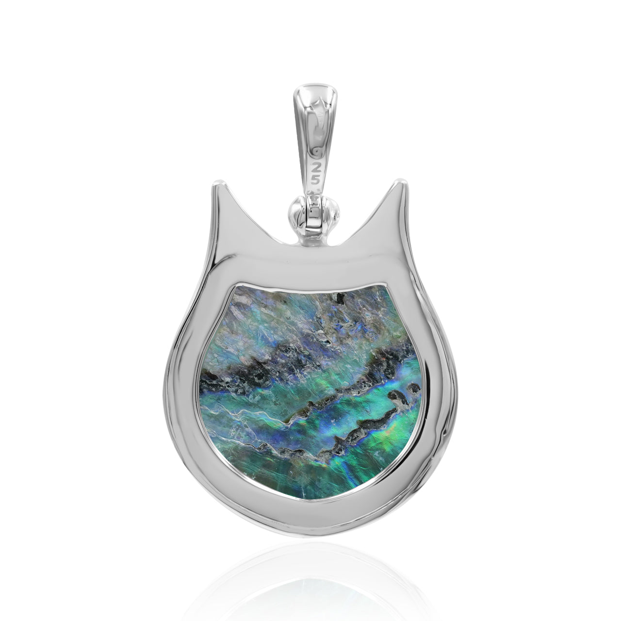 Back‑view image of the cat‑shaped pendant showing a smooth silver backing and the Abalone Shell backing.