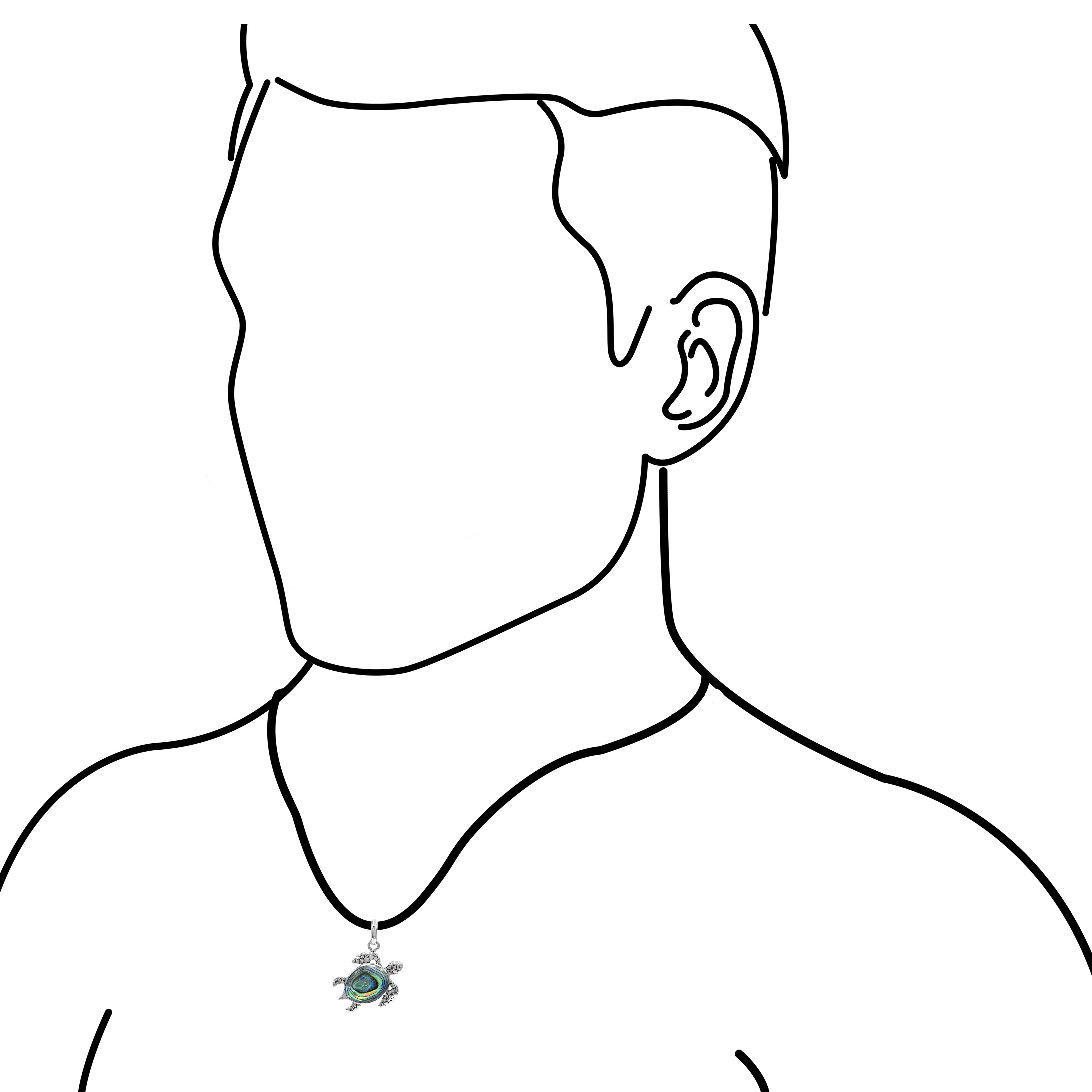 Illustration showing how the turtle‑shaped pendant appears when worn on a male model.