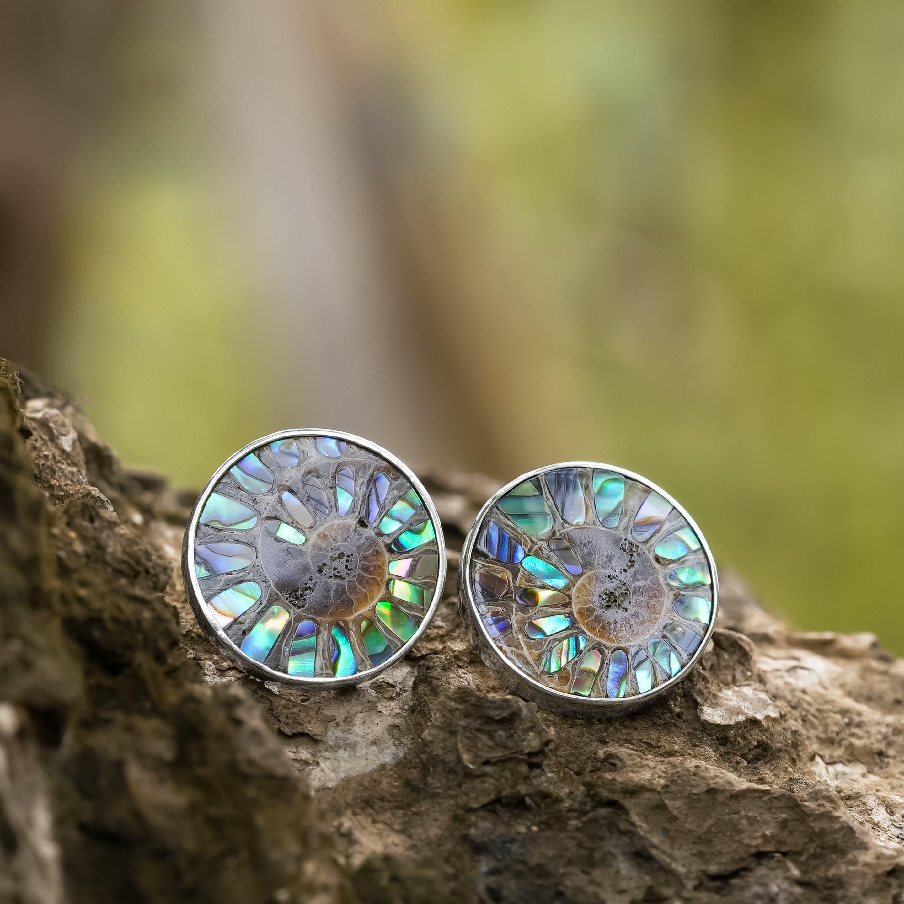 Starborn Ammonite with Abalone Shell Inlay Post Style Earrings in Sterling Silver
