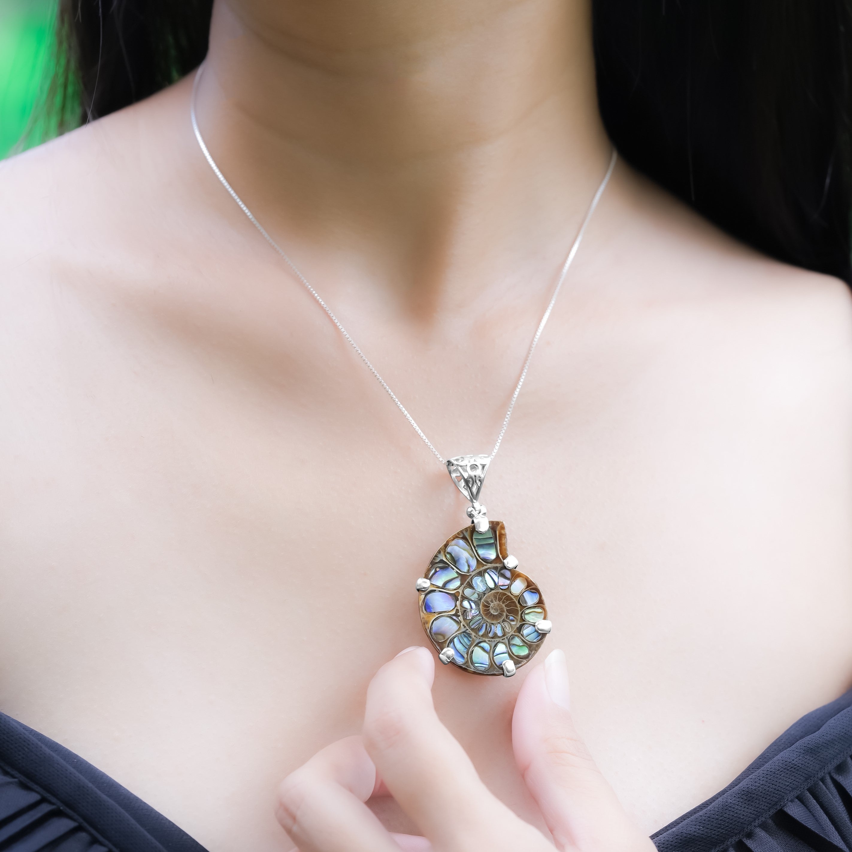 Starborn-Ammonit-Anhänger mit Abalone-Muschel-Inlay, Sterling-Silber