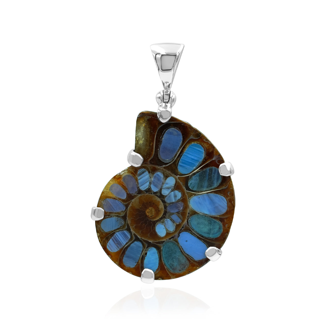 Starborn Ammonite with Swedish Medieval Ore Glass Inlay Bezel Style Pendant in Sterling Silver