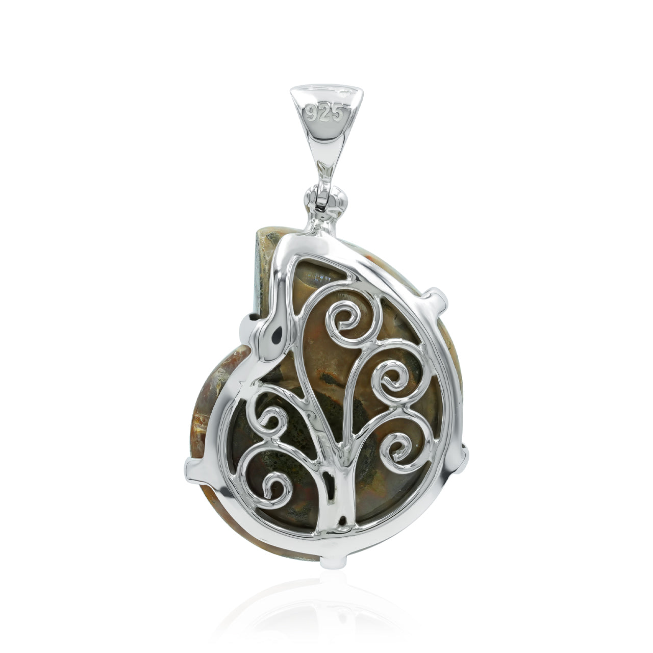 Starborn Ammonite with Swedish Medieval Ore Glass Inlay Bezel Style Pendant in Sterling Silver