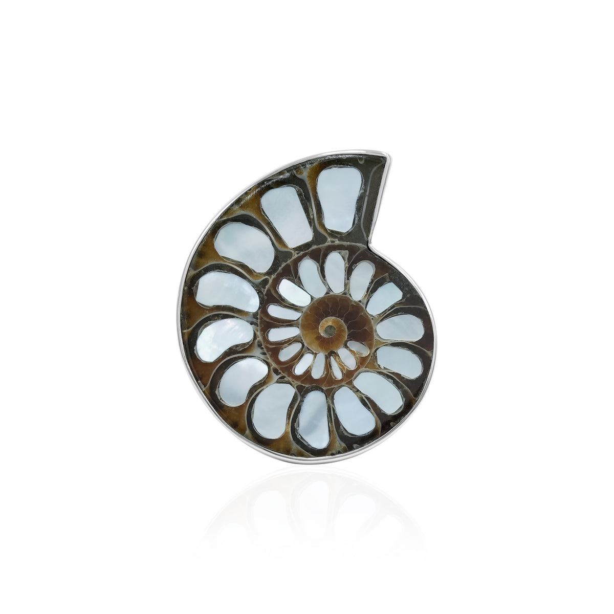 Second front‑view image of an Ammonite with Mother of Pearl Inlay ring showing the fossil spiral pattern with light reflective shell segments set in a polished silver band.