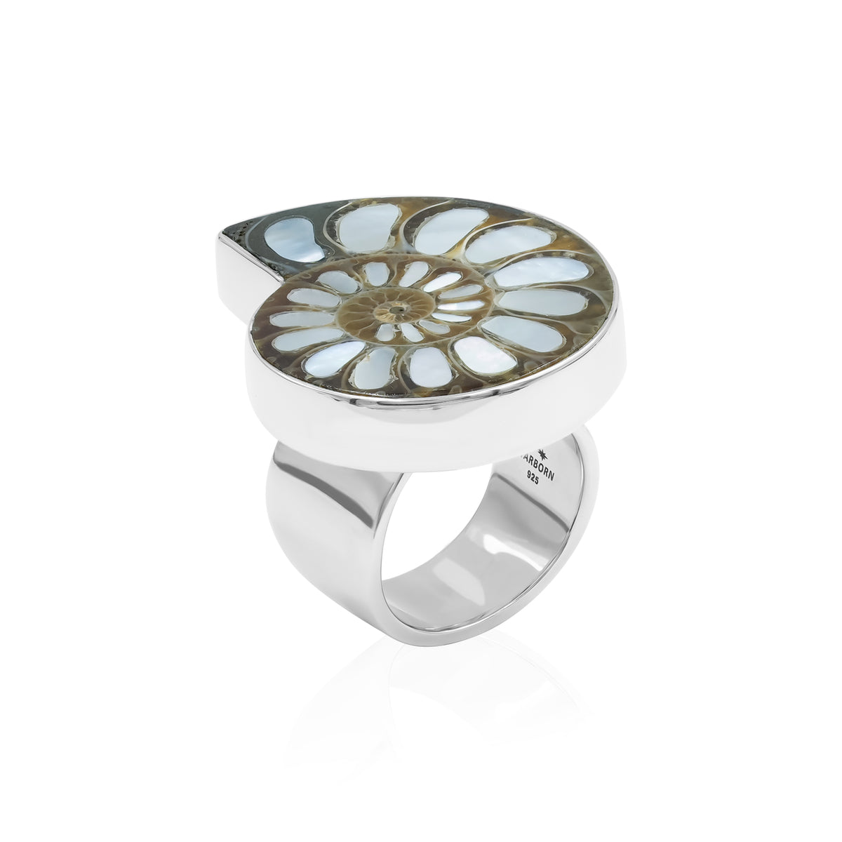 Front‑view image of an Ammonite with Mother of Pearl Inlay ring showing the fossil spiral pattern with light reflective shell segments set in a polished silver band