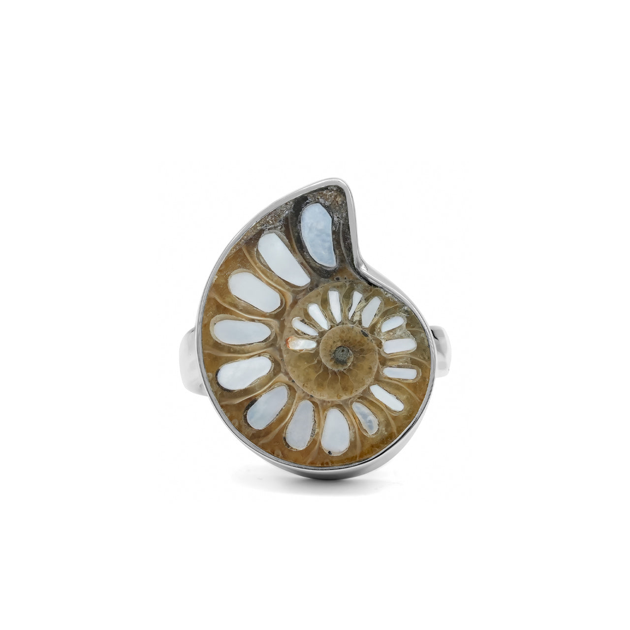 Starborn Ammonite with Mother of Pearl Inlay Ring in Sterling Silver - Small