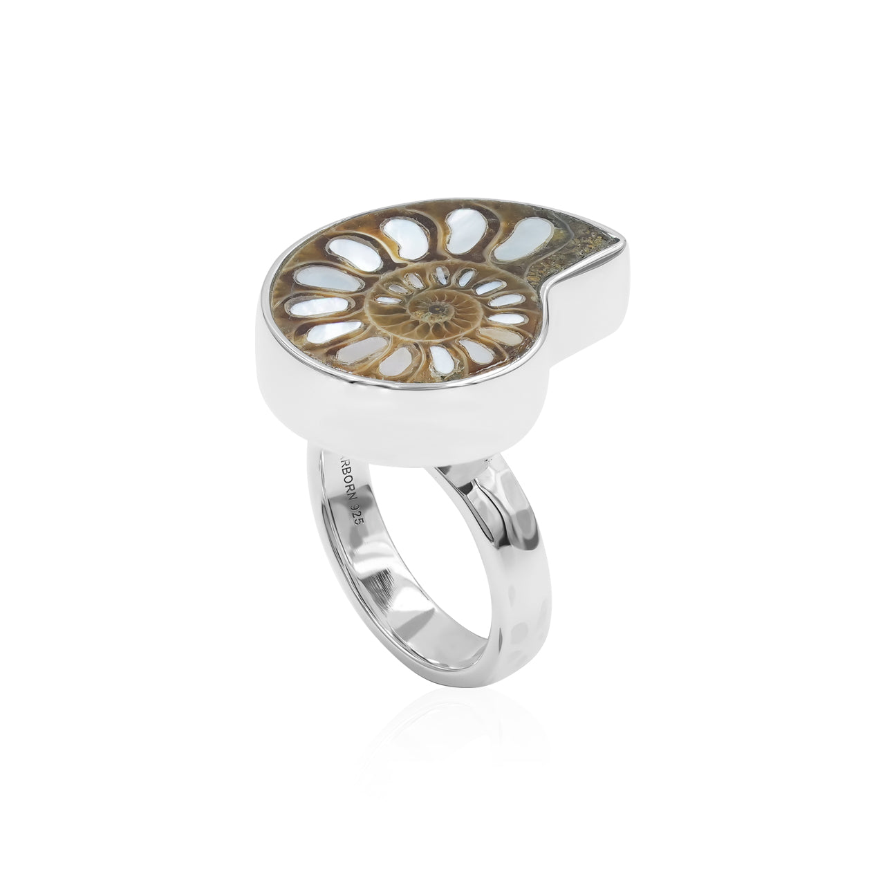 Starborn Ammonite with Mother of Pearl Inlay Ring in Sterling Silver - Small
