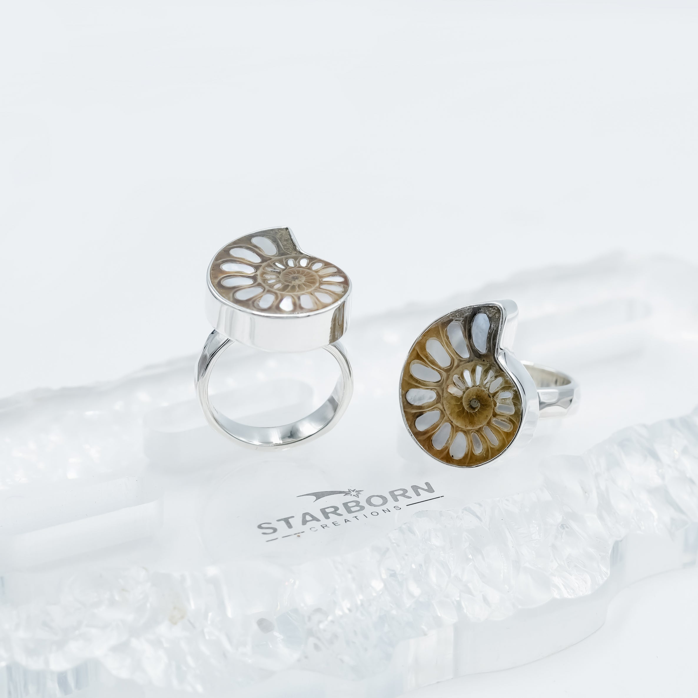 Starborn Ammonite with Mother of Pearl Inlay Ring in Sterling Silver - Small