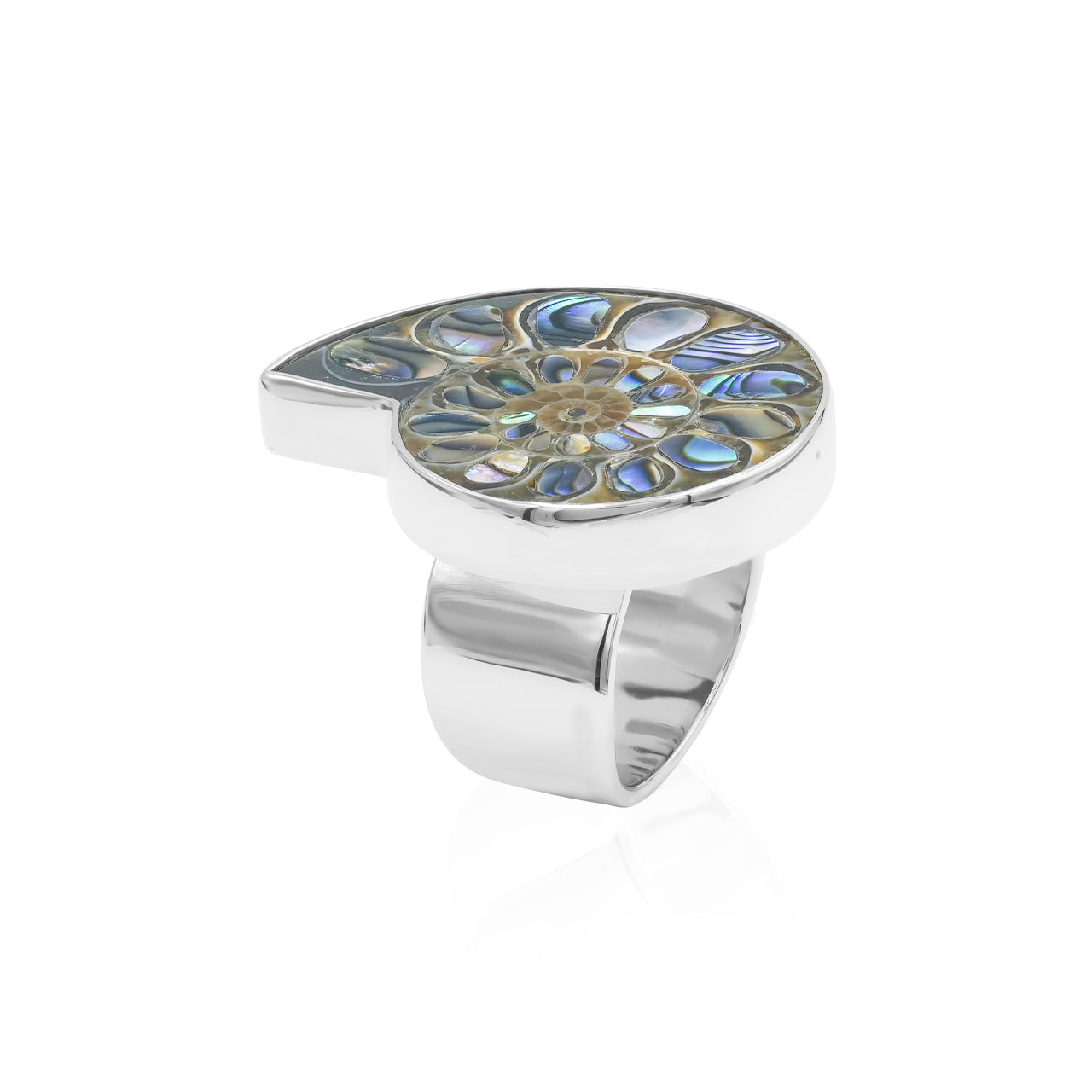 Starborn Ammonite with Abalone Shell Inlay Ring in Sterling Silver