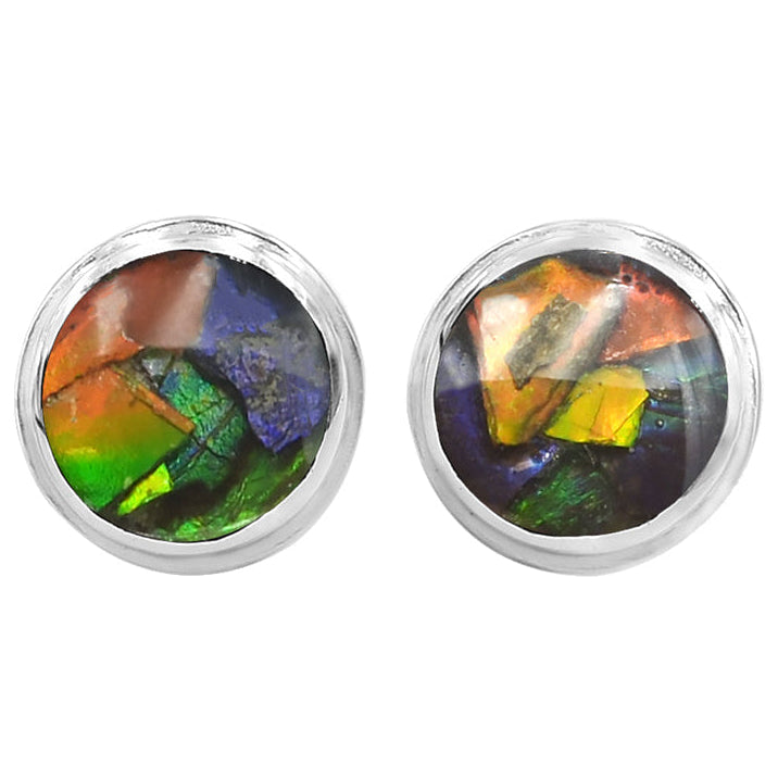 Starborn Ammolite Round Cabochon Double Bezel Post Earrings in Sterling Silver