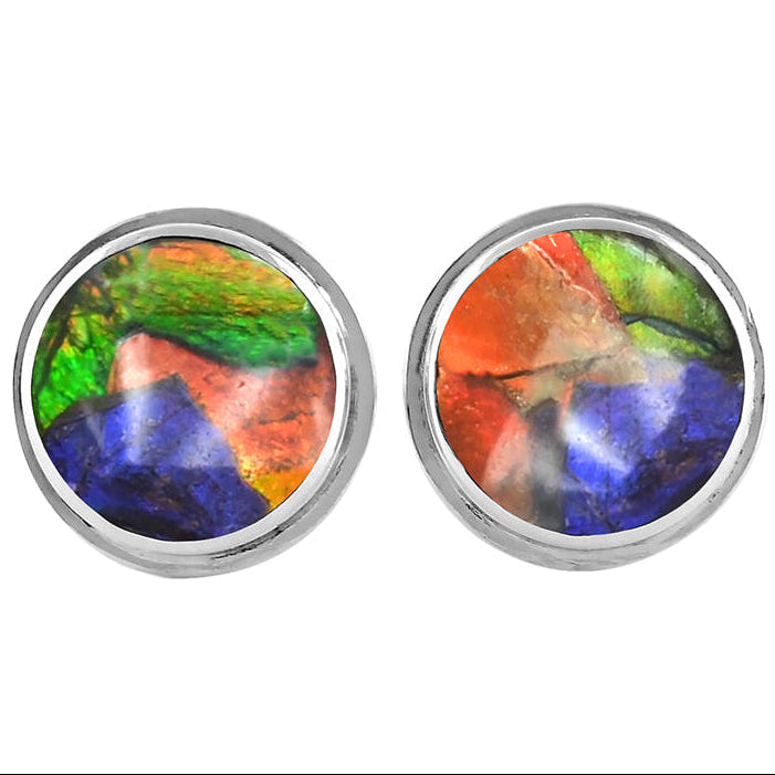 Starborn Ammolite Round Cabochon Double Bezel Post Earrings in Sterling Silver