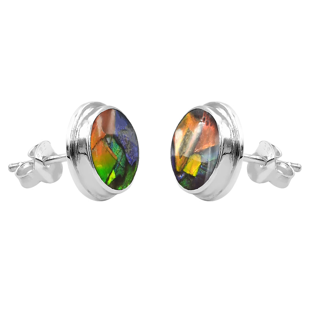 Starborn Ammolite Round Cabochon Double Bezel Post Earrings in Sterling Silver