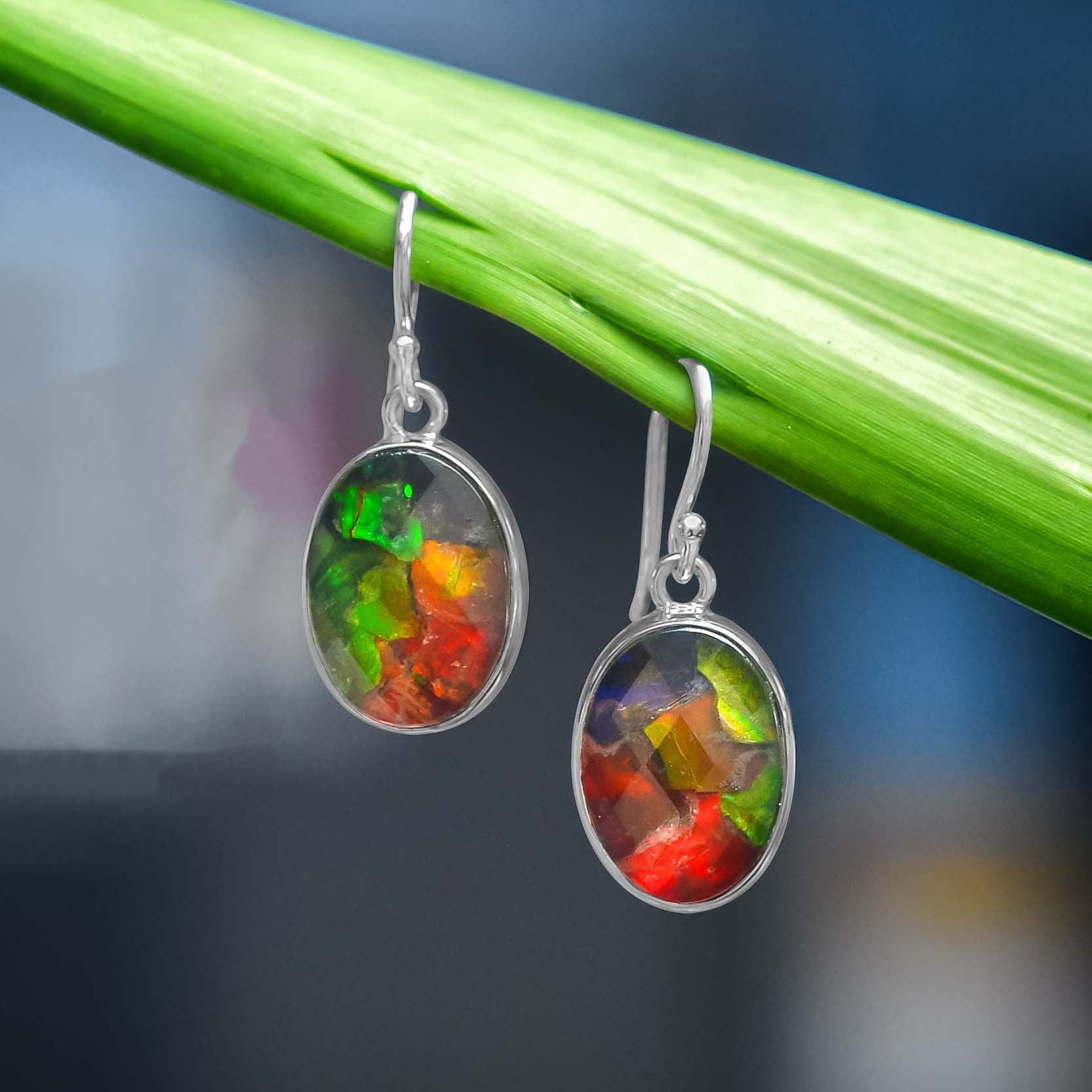 Starborn Faceted Ammolite Doublet Oval Earrings in Sterling Silver