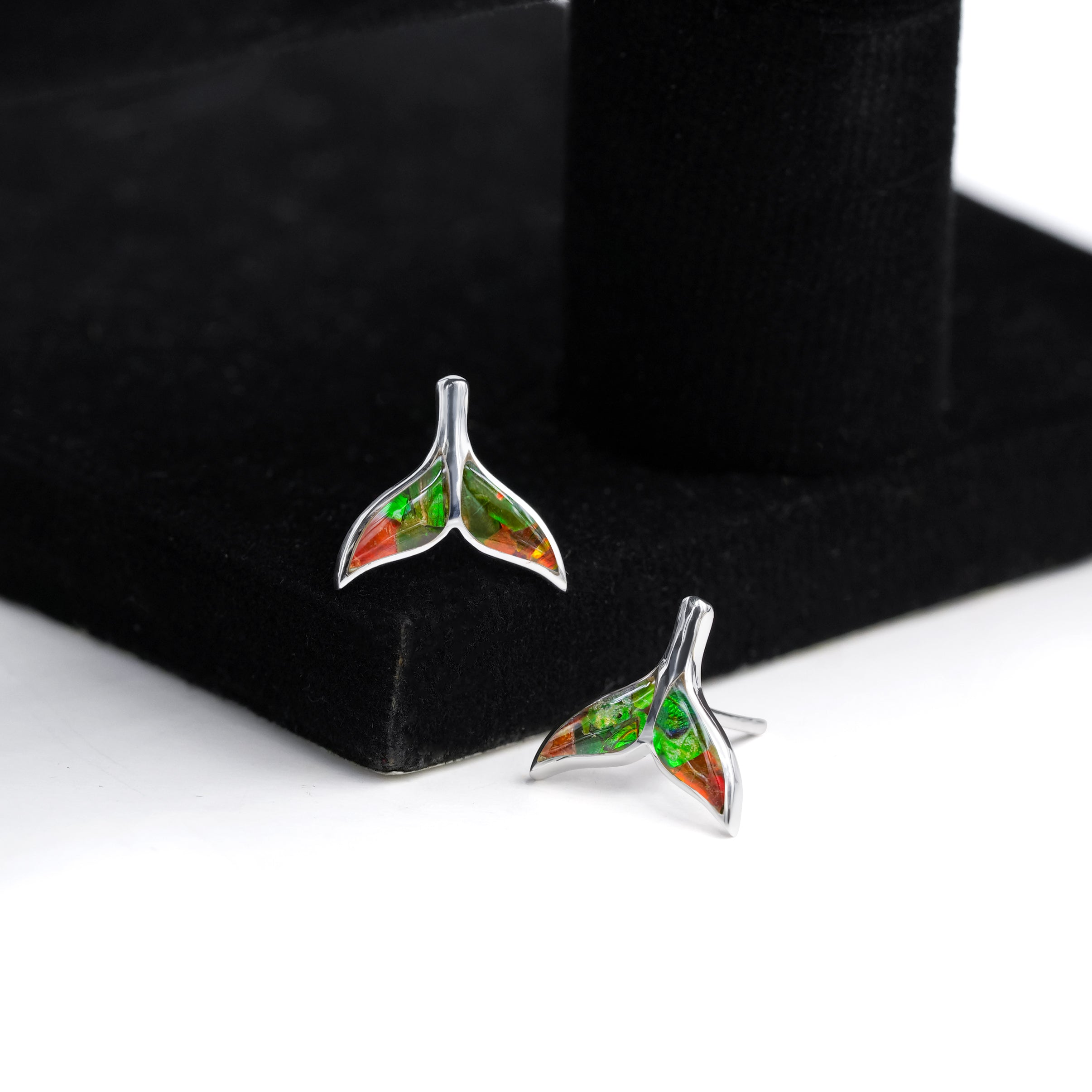Starborn Whale Tail Gemstone Inlay Post Earrings in Sterling Silver - Extra Small