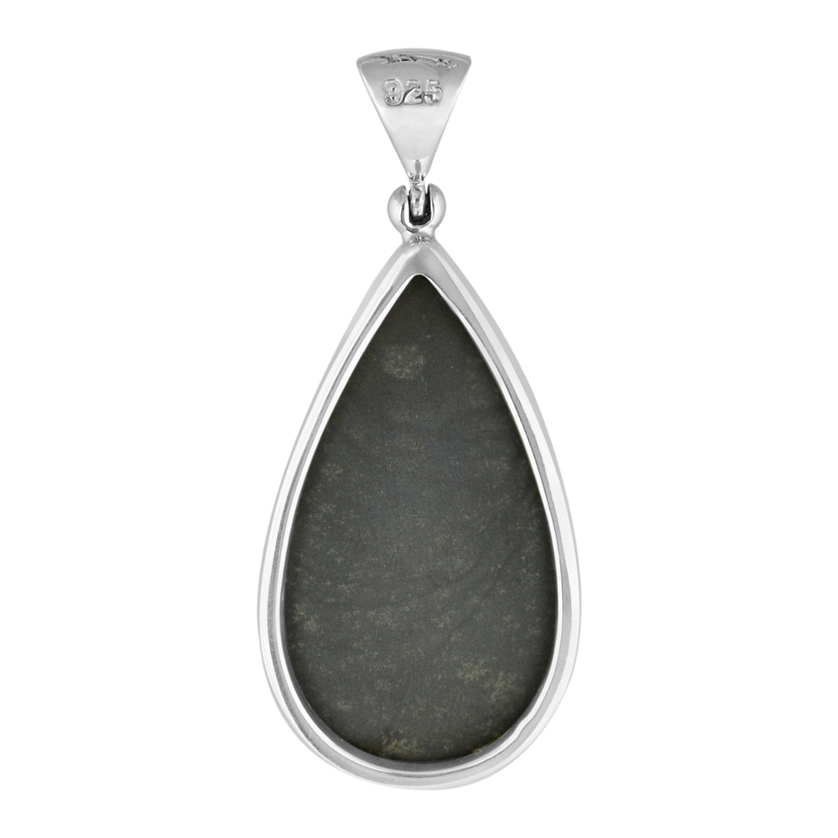 Rear‑view image of the teardrop‑shaped pendant showing the smooth polished silver backing with stamped markings and the attached bail.
