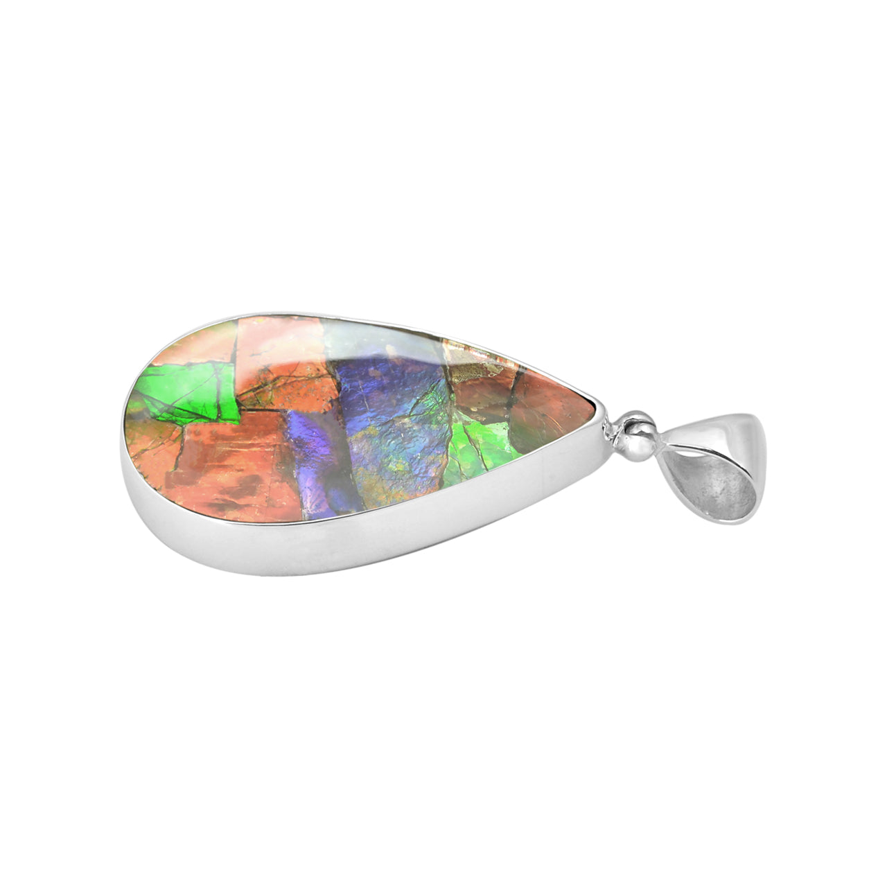 Side‑view image of the teardrop‑shaped pendant showing the thickness of the polished silver setting and the Ammolite stone.