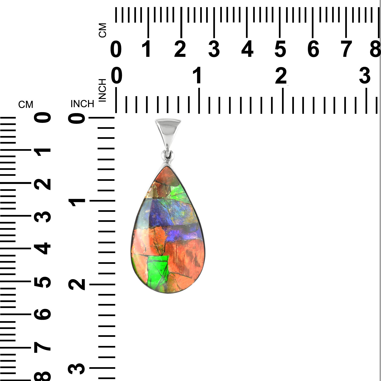Pendants displayed next to a measurement chart showing height and width in millimeters and inches.