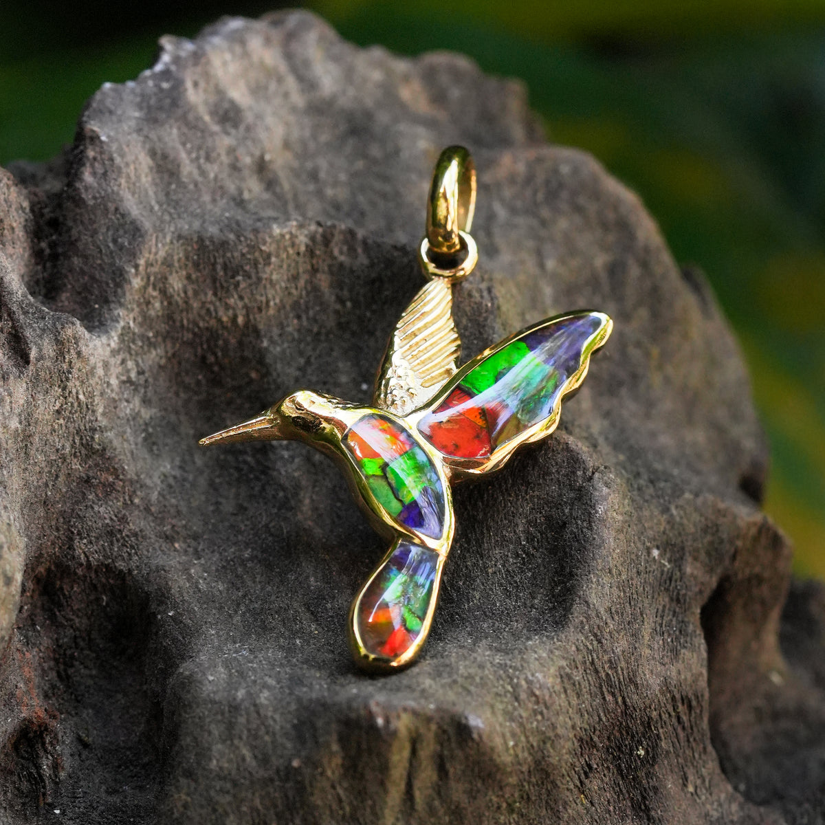 Starborn Ammolite and Sterling Silver Hummingbird Pendant