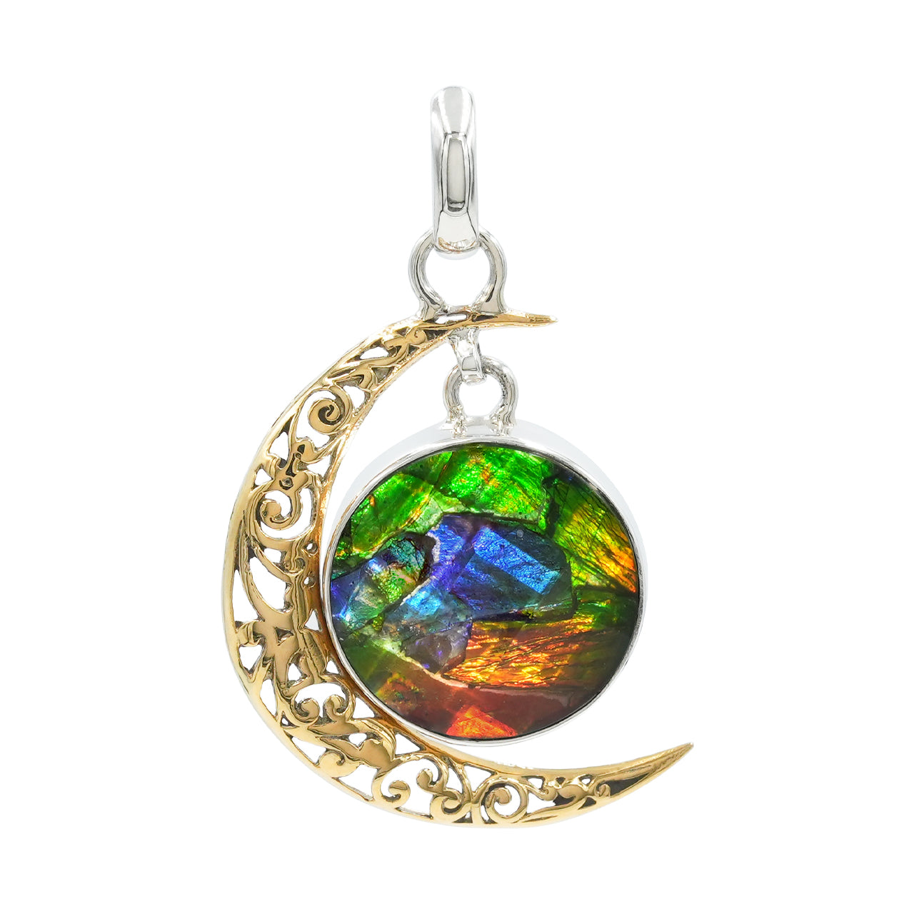 Doblete de ammolita facetada Starborn con colgante decorativo de luna creciente en plata de ley